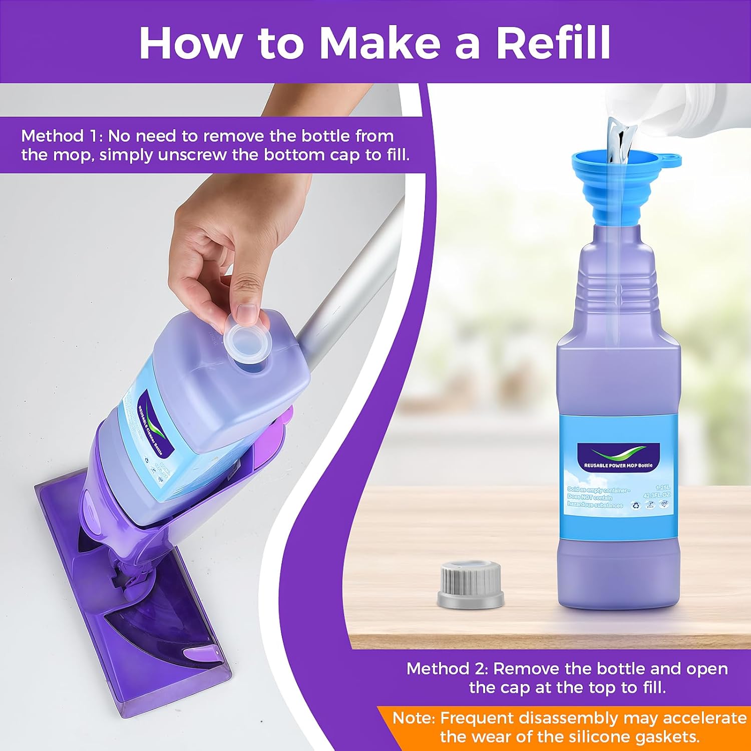 Refillable Replacement Bottle for Swiffer® Wet Jet™ Mop, 1250ml /42 oz, Empty, Leak-Proof HDPE Cleaner Solution Refill Bottle with 7 Silicone Gaskets & 1 Foldable Funnel - Image 4