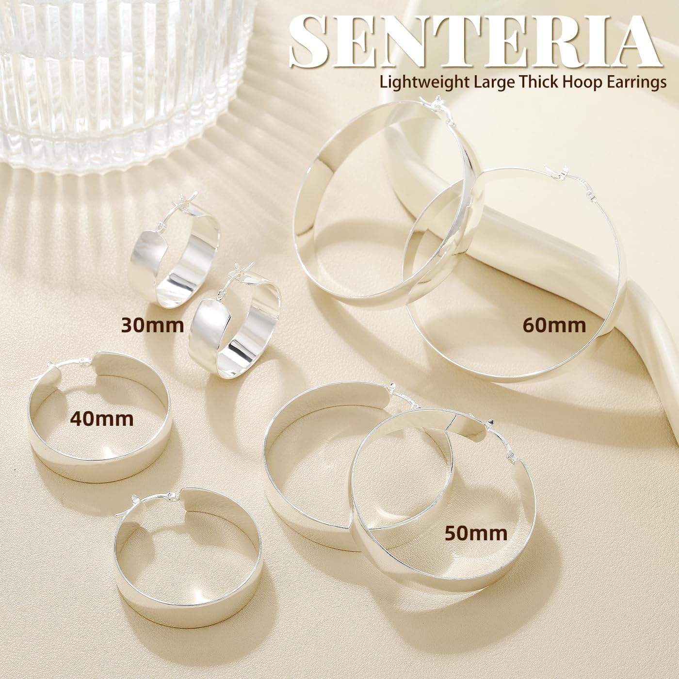 Senteria 925 Sterling Silver Hoop Earrings for Women Hypoallergenic Chunky Silver Hoop Earrings Lightweight Large Thick Silver Hoops Earrings for Women (50mm) - Image 7