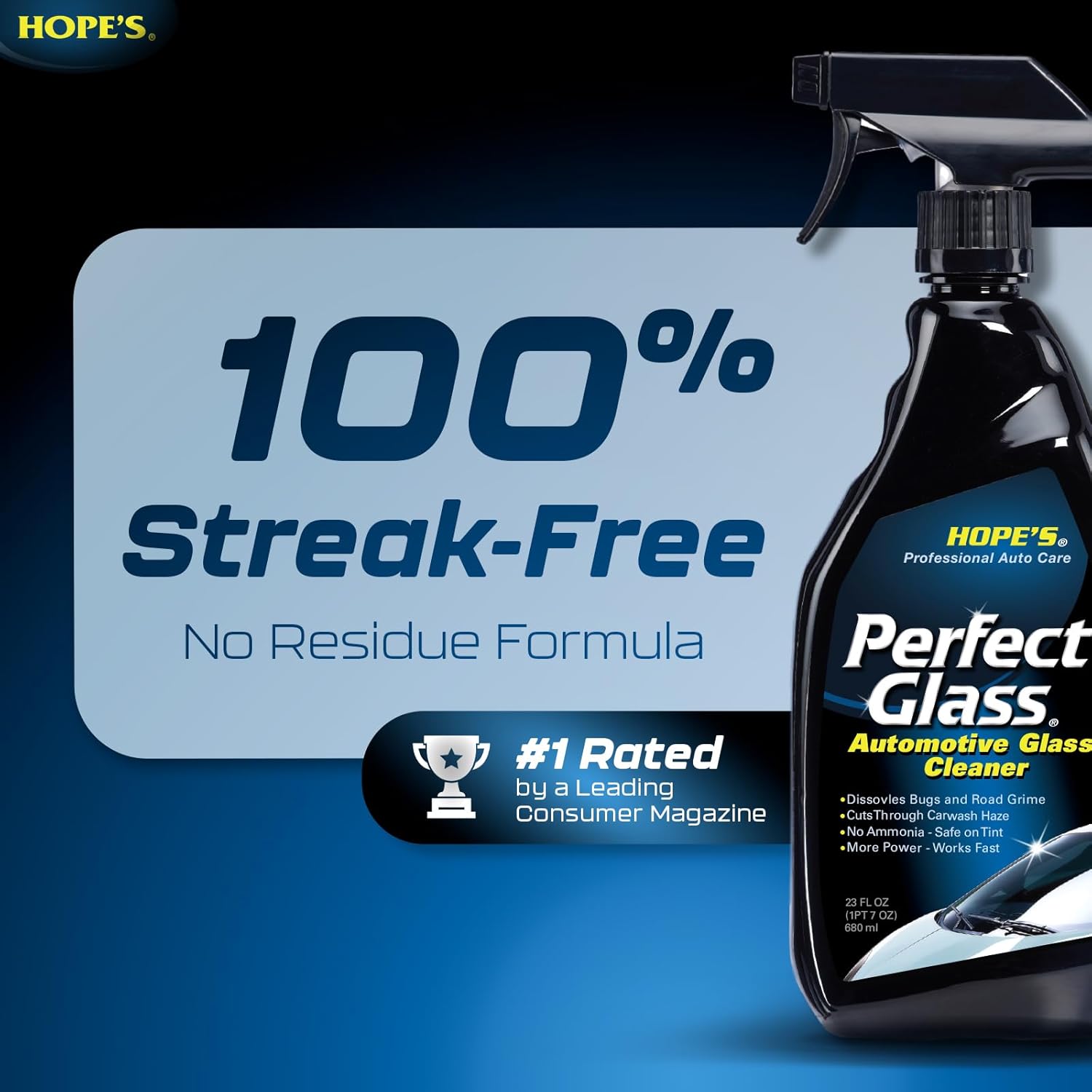 HOPE'S Perfect Glass Automotive Glass Cleaner - Streak-Free, Tint Safe Car Cleaner for Glass, Acrylic, Windows, Mirrors, Windshield - No-Residue - Removes Smudges, Road Grime - 23 Fl Oz, Pack of 1 - Image 2