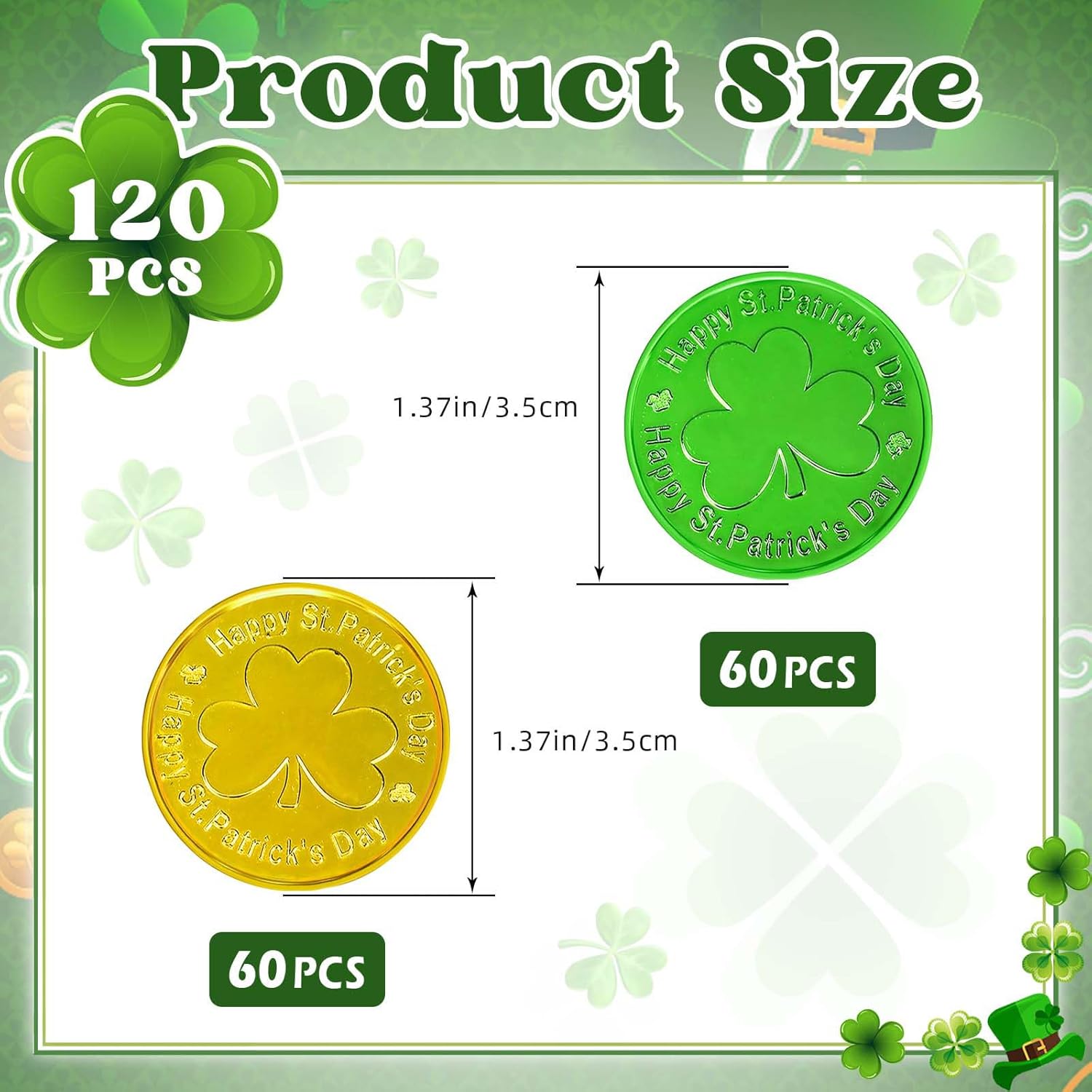 120 PCS St. Patrick’s Day Shamrock Coins, Gold and Green Plastic Lucky Coins, 3-Leaf Clover Coin for Patrick’s Day Decoration and Irish Themed Party Favors - Image 2