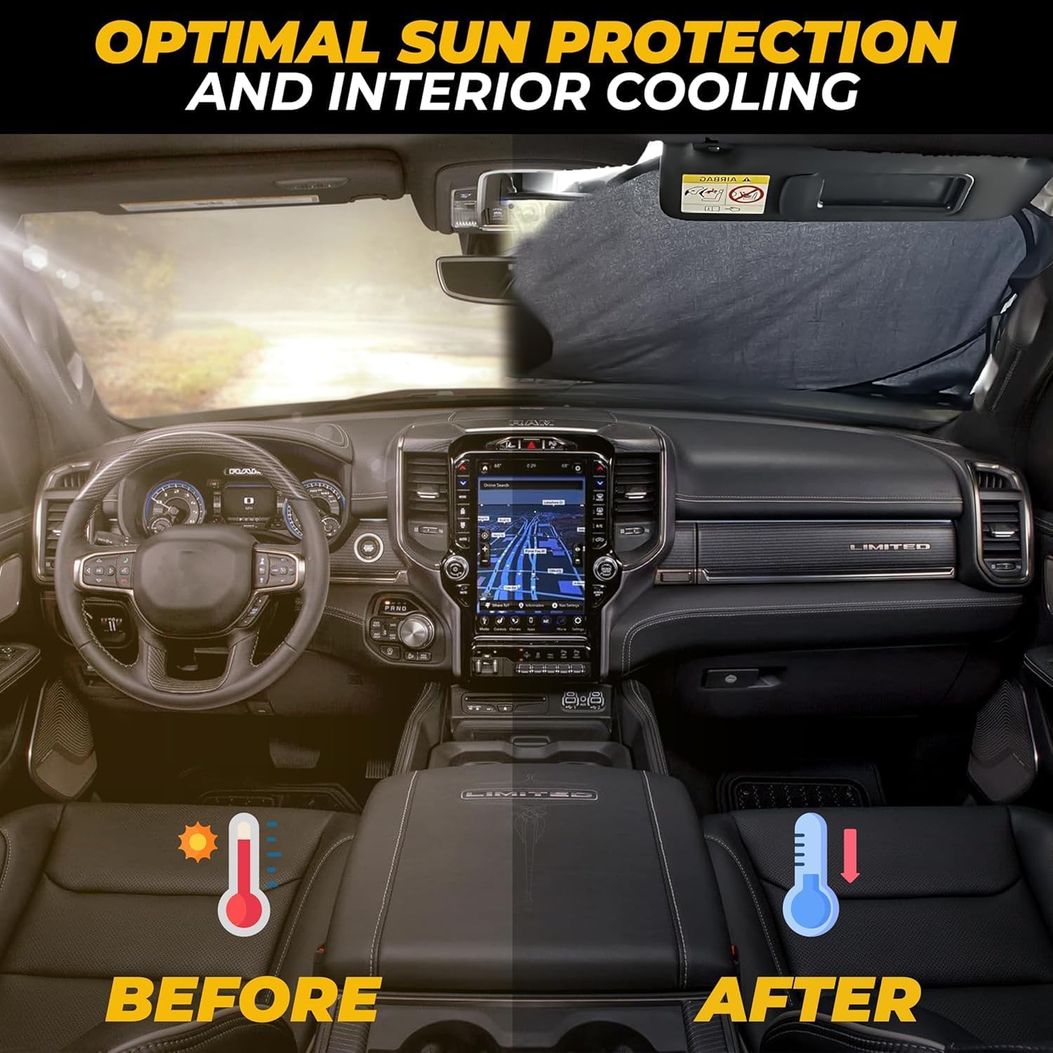 Autovir Truck Windshield Sun Shade Foldable – 280T Thickened Sun Shield, UV Ray Blocker, Automotive Sun Protection Privacy Curtains, Keeps car Interior Cool, Truck Accessories, Fit for SUV - Image 2