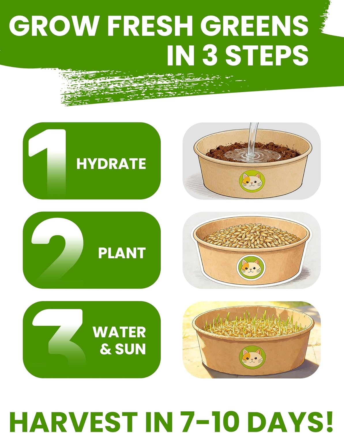 Cat Grass Kit for Indoor Cats, 3 Pack Fast Growing Cat Grass Kit with Eco-Friendly Biodegradable Pots, Soil & Wheatgrass Seeds, Grows in 3-7 Days with High Germination Rate - Image 6
