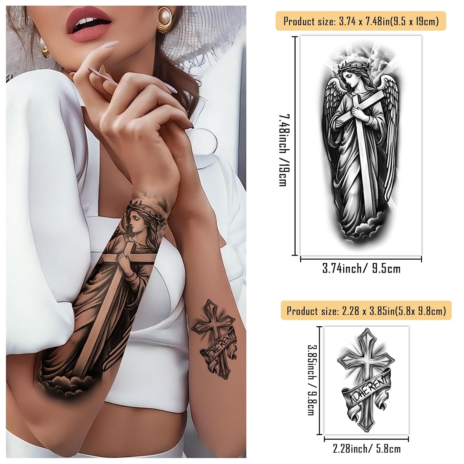 77 Sheets Christian Cross Temporary Tattoo for Women Men, 17 Sheets Half Arm Large Religious Jesus God Fake Tattoos, 60 Angels Black Christ Tiny for Adult Kids Body Tattoos Stickers Realistic - Image 6