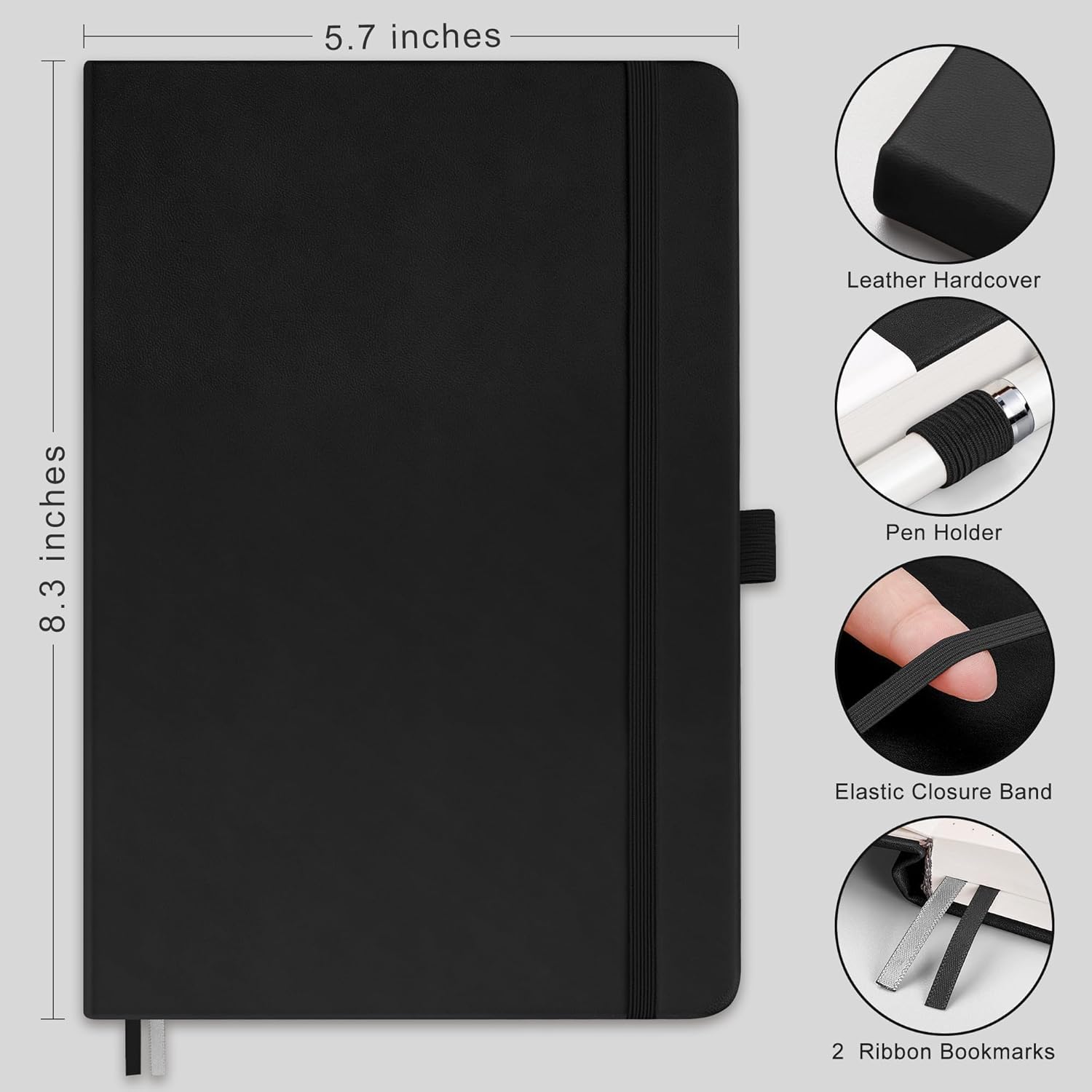 RETTACY Dotted Journal Notebook, 192 Pages, A5 Medium Size (5.7'' x 8.3''), Leather Hardcover, 100 GSM Thick Paper, for Journaling, Planning, Tracking (Black) - Image 2