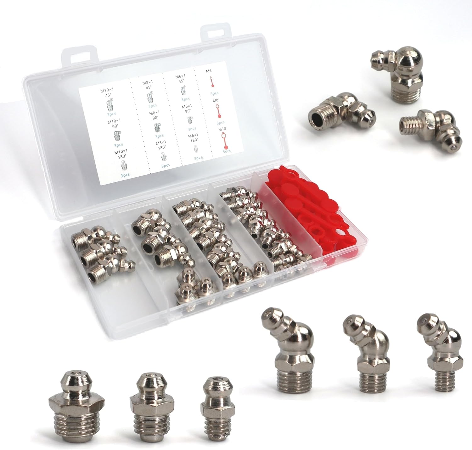 27 PCS Metric Grease Fittings Assortment, Hydraulic Grease Gun Fittings with M6 M8 M10 Straight, 45 and 90 Degree Zerks Kit for Automotive Industrial Machinery Lubrication