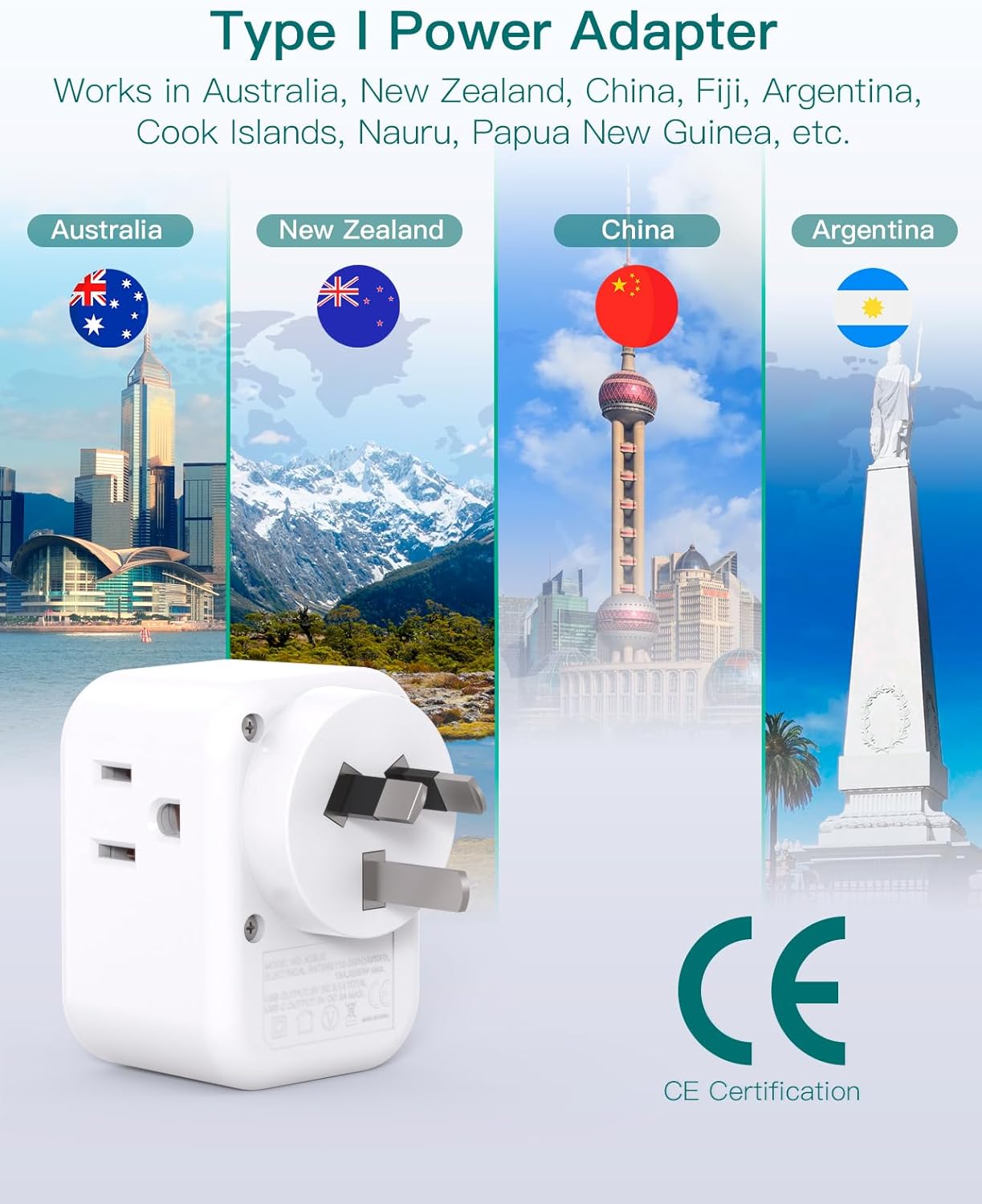 Australia New Zealand Power Plug Adapter, Australia Travel Adapter with 3 American Outlets 3 USB Charging Ports (1 USB C), Type I Plug Adapter for US to Australia, Argentina, China - Image 3