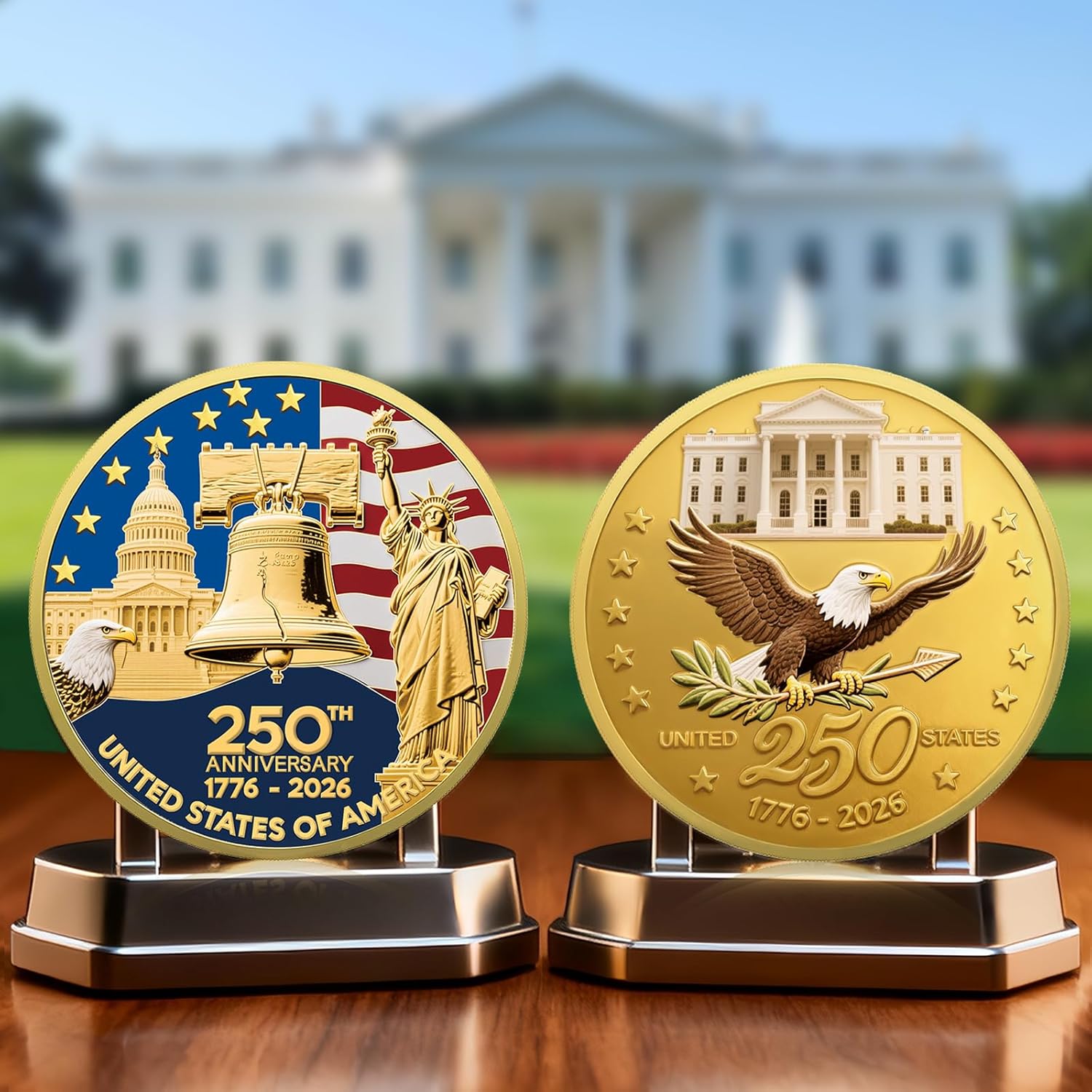 Upgrade 1.77-inch 250th Anniversary Commemorative Coins - Golden American Flag & Liberty Bell Design Collectible Coins, Durable Metal Anniversary Coins for Display, Collectors & Gift Idea (L-1PCS) - Image 2
