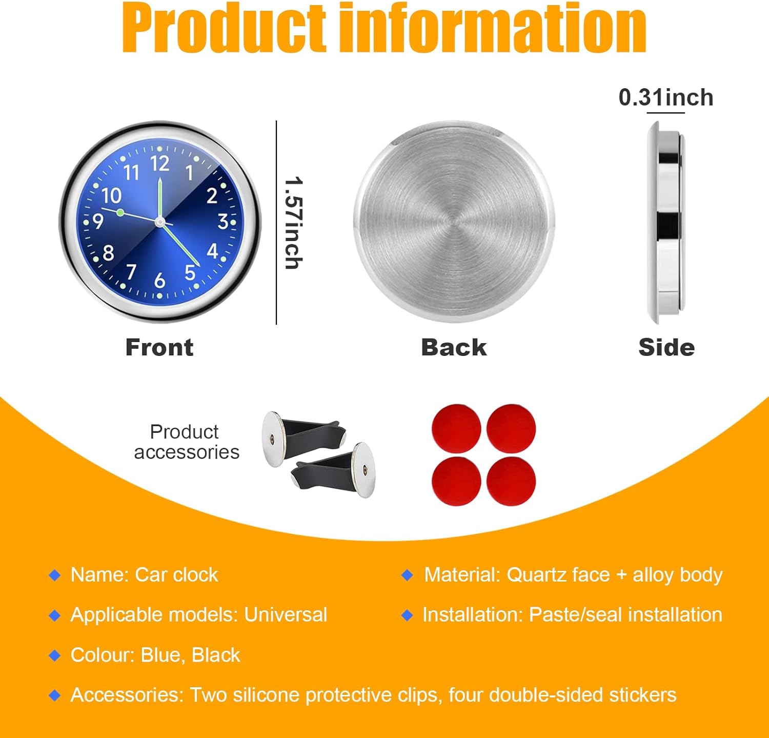 Dickno 2 PCS Stick on Dashboard Car Clock, Mini Tiny Analog Quartz Luminous Air Vent Clocks, Self Adhesive Automotive Vent Clocks Watch, Vehicle Clock for Dashboard Decoration (Blue+Black) - Image 2
