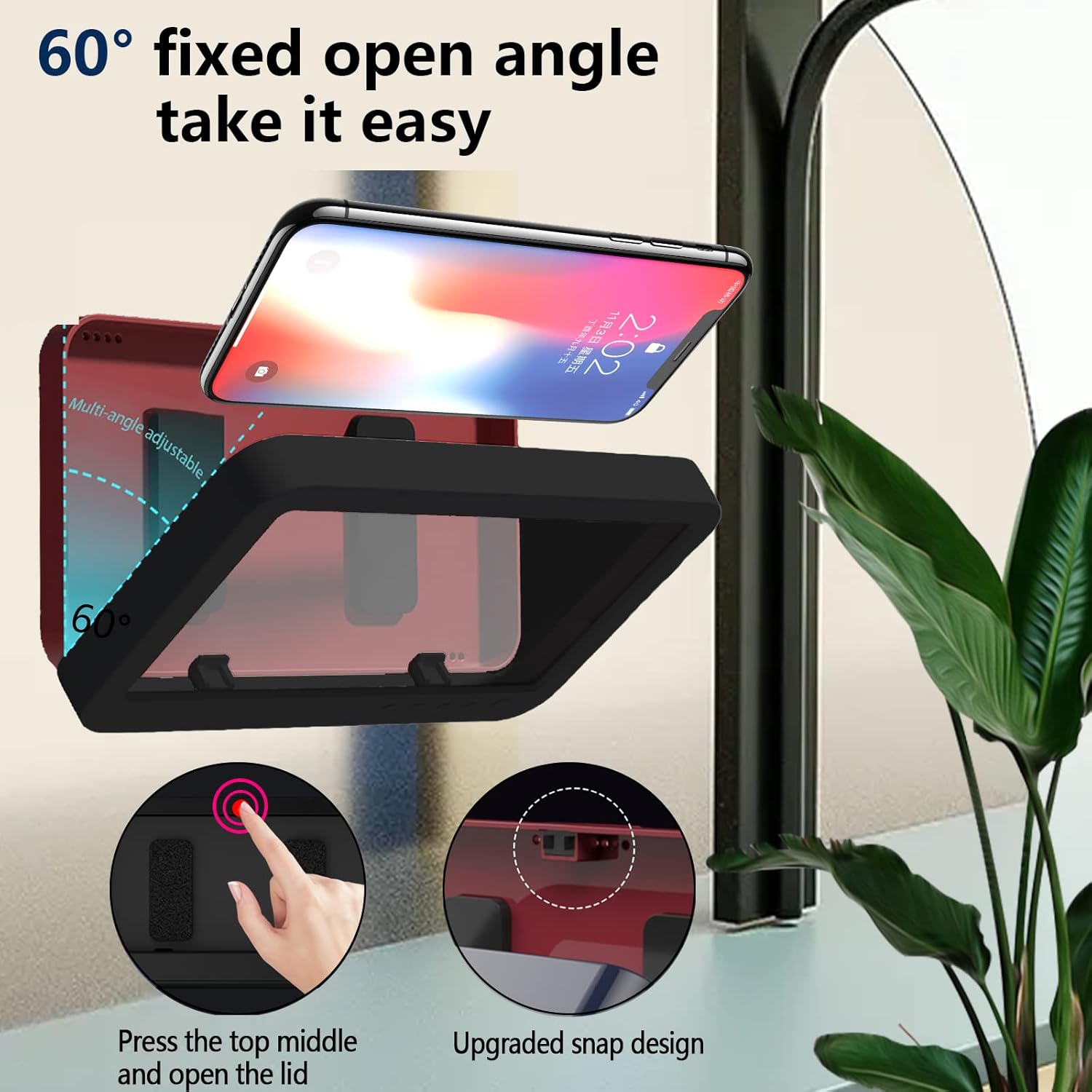 Shower Phone Holder Waterproof - Anti Fog High Sensitivity Touch Screen, 360°Rotation Wall Mount Shower Case for Phone for Bathroom Wall Mirror Bathtub Kitchen, Compatible with Under 7 Inch(Black) - Image 5