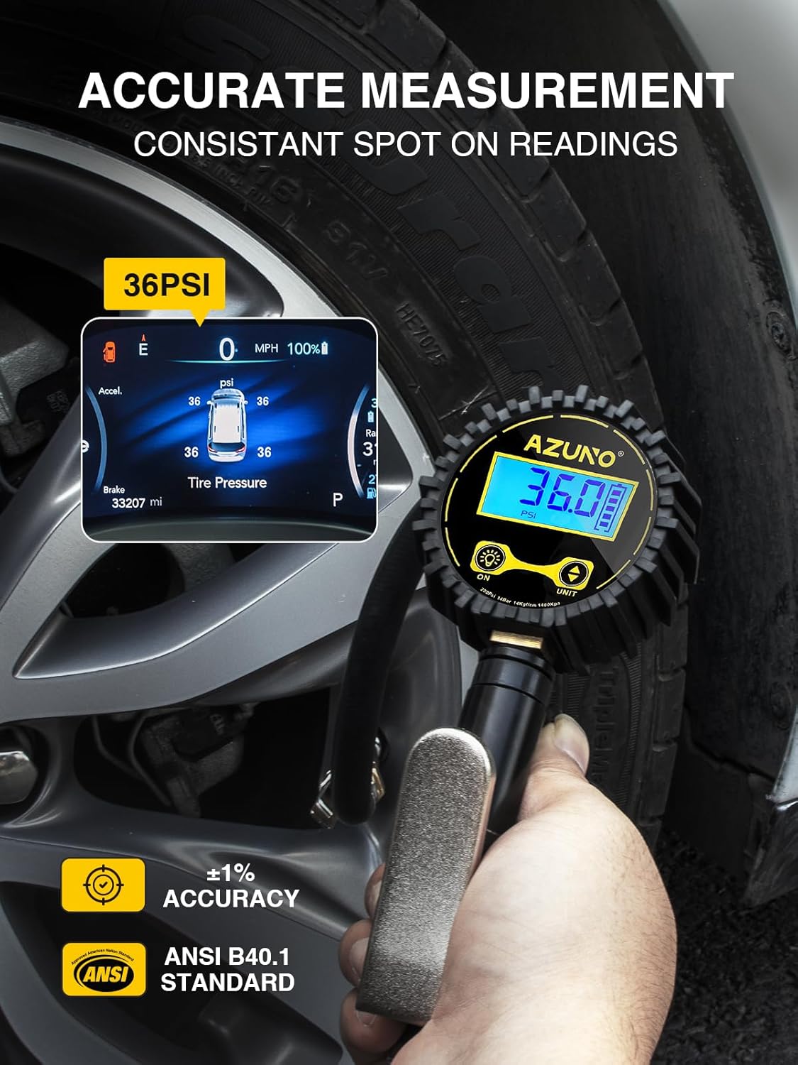 AZUNO Digital Tire Inflator with Pressure Gauge, 200 PSI, Heavy Duty Air Compressor Accessories, w/Rubber Hose Lock on Air Chuck and Quick Connect Coupler - Image 2
