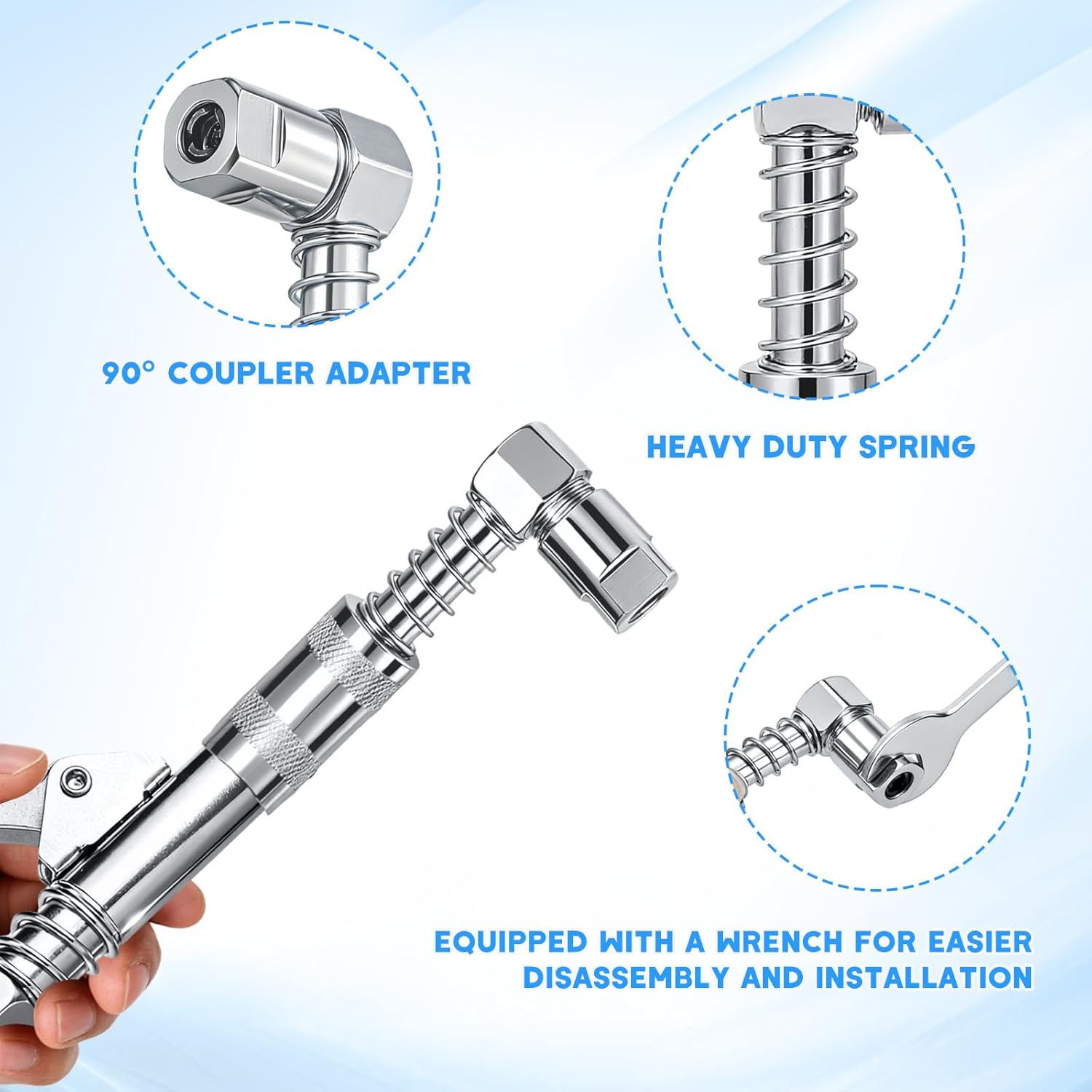 Grease Gun Fittings Accessory Kit - Grease Gun Coupler, 90 Degree Grease Coupler Adapter with Sleevers, Grease Neddle Dispenser, 2 Grease Needle Nozzle Tips, 12" Grease Gun Hose, Zerk Fitting Cleaner - Image 2