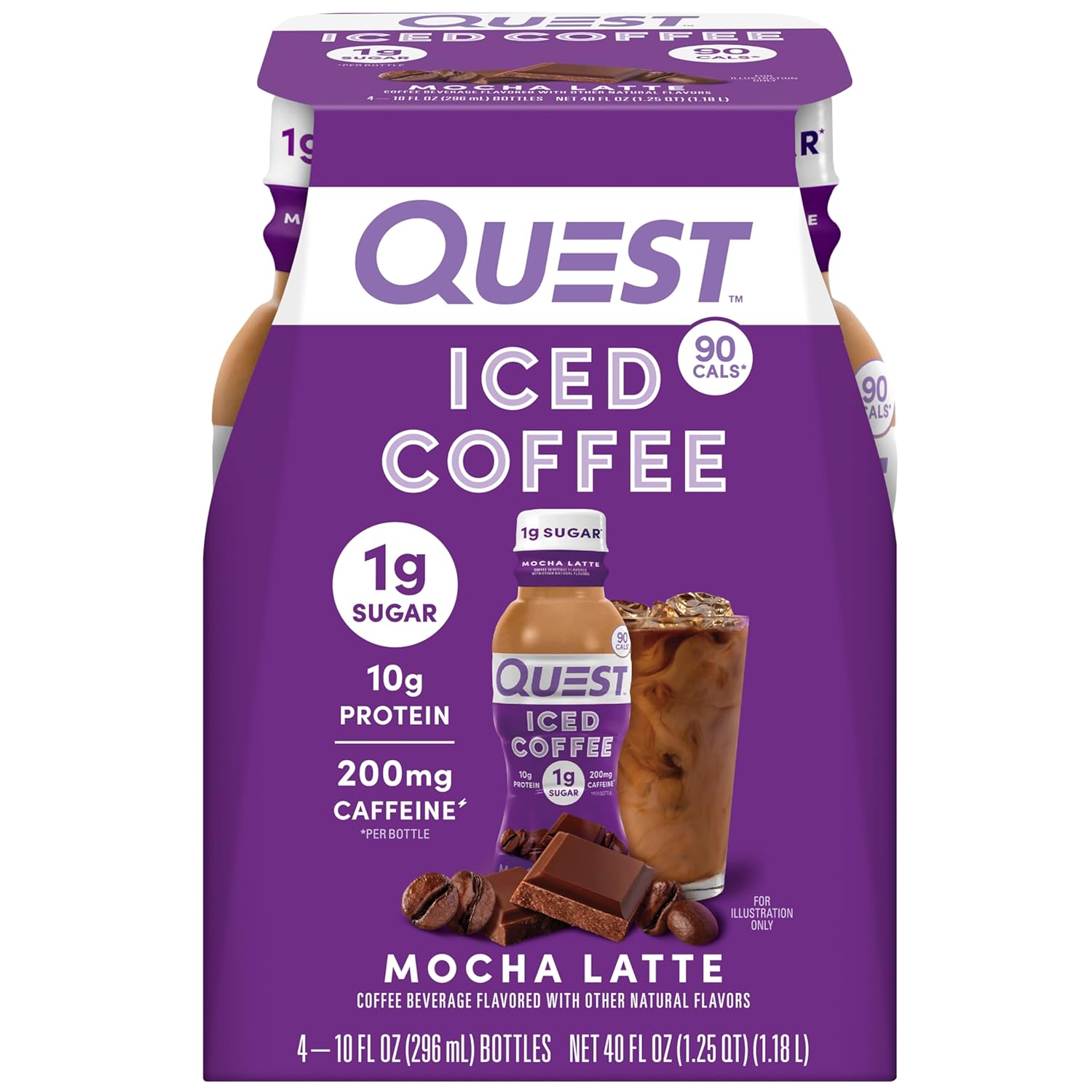Quest Nutrition Iced Coffee, Mocha Latte, 1g of Sugar, 10g of Protein, 90 calories, 200mg of caffeine, 4 Count
