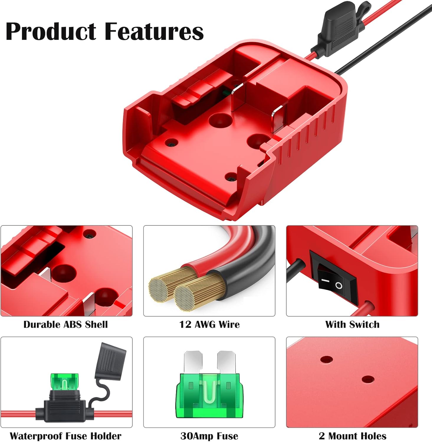 1 Packs Power Wheel Adapter for Milwaukee M18 Battery Adapter 18V Power Wheel Battery Conversion Kit with Switch, Fuse & Wire Terminals, 12AWG Wire, Power Connector for DIY Rc Car Toys and Robotics - Image 3