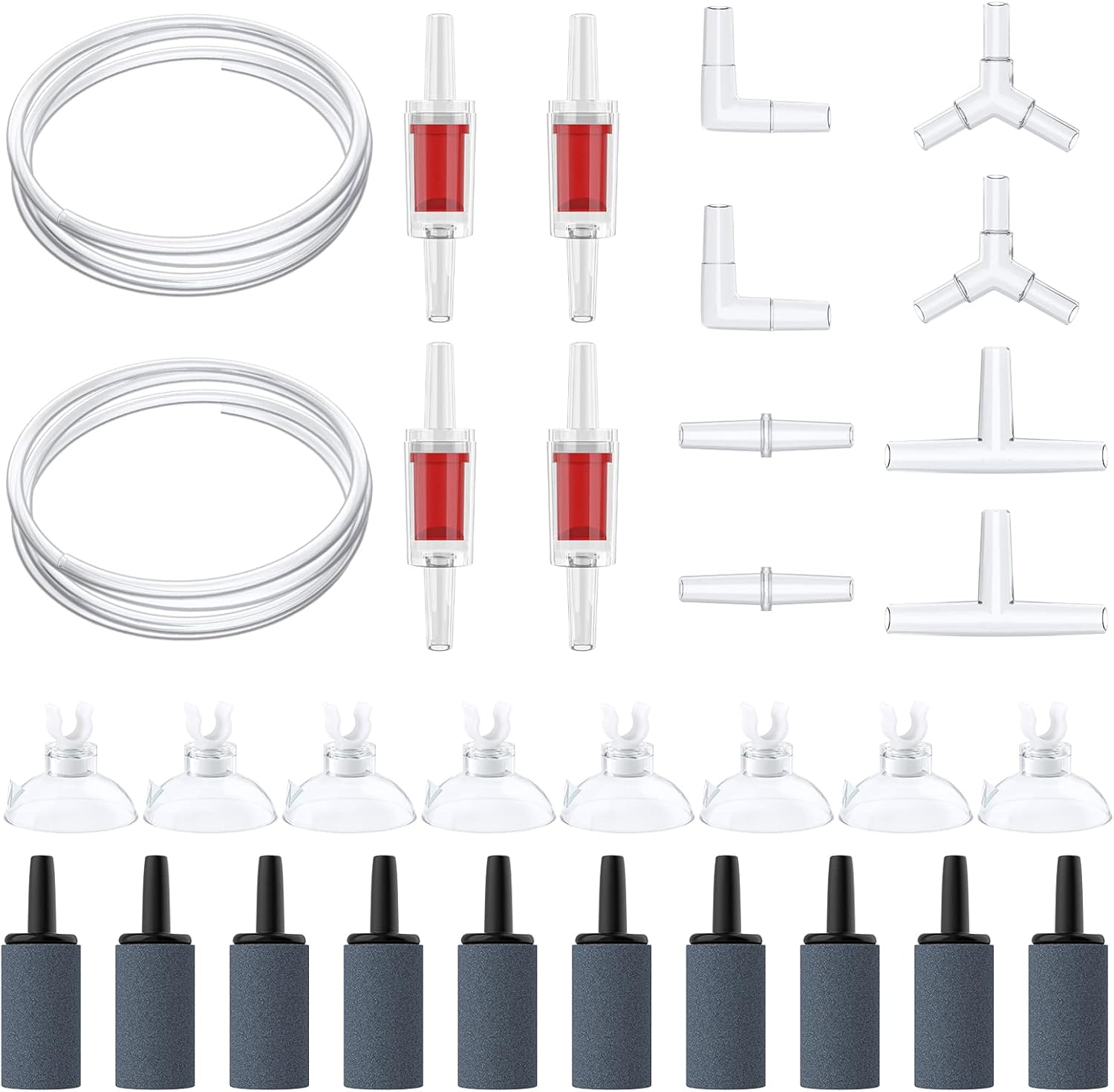 Pawfly Aquarium 25 Feet Airline Tubing Standard Air Pump Accessories Set with Air Stone Cylinders Connectors Suction Cups and Check Valves for Fish Tank Aeration Setup