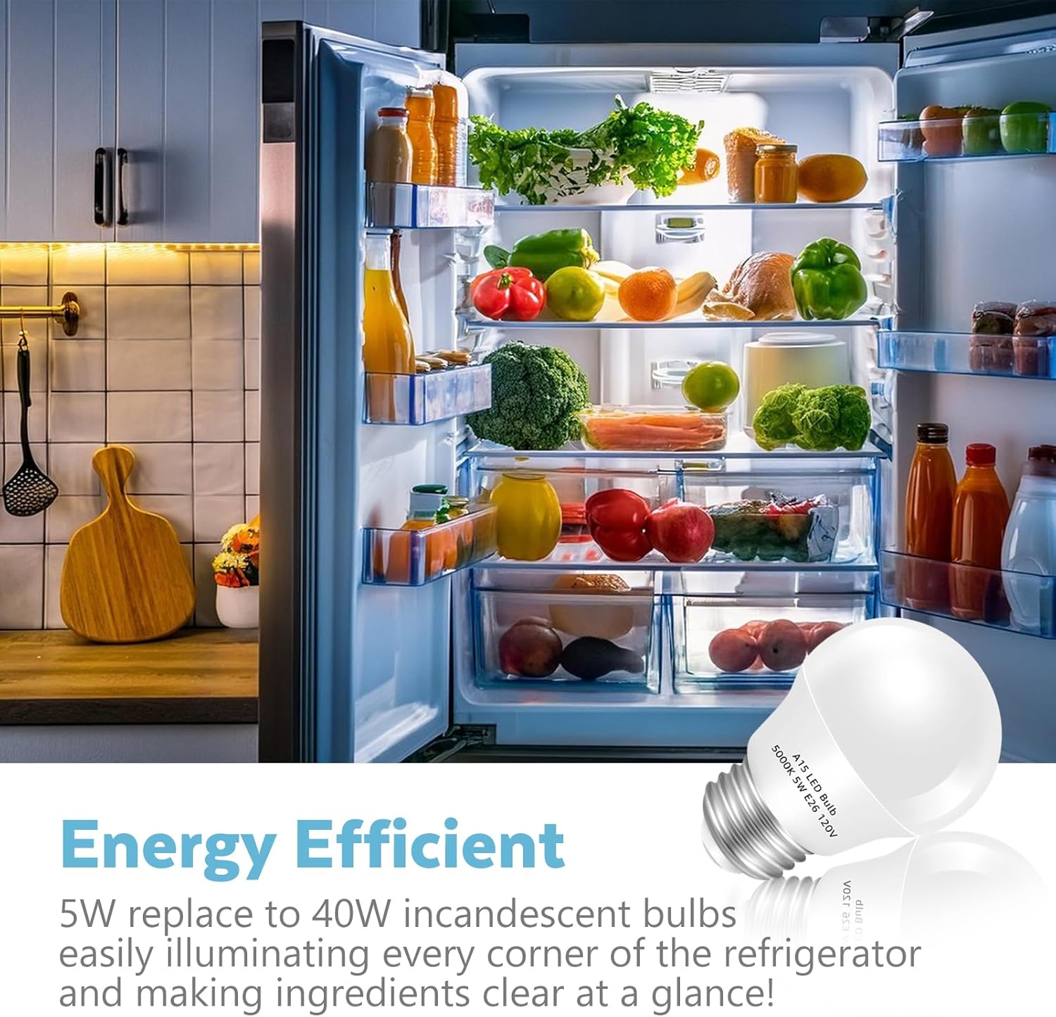 LED Refrigerator Light Bulb 4 Pack,Daylight White 5000K 120V 40W Equivalent Appliance Bulb,A15 5W E26 Base Waterproof Fridge Light Bulbs for Freezer Home Lighting,Small Light Bulb,Dimmable - Image 3