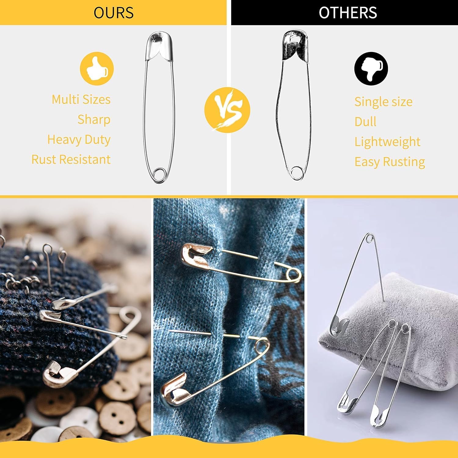 XKDOUS 2.2 Inch Large Safety Pins 200 Pcs Silver Pins Bulk Heavy Duty for Clothes, Sewing, Craft - Image 5