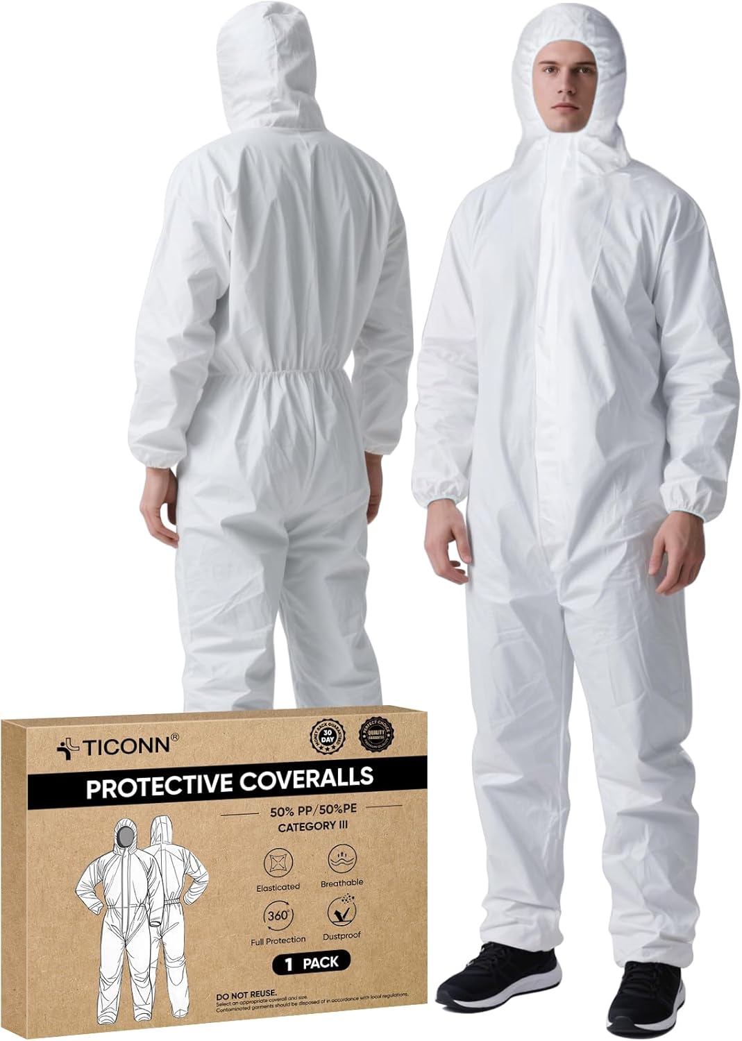 TICONN Hazmat Suit Disposable Coveralls, Full Body Protective Lab Coveralls, Breathable Paint Suit for Men Women