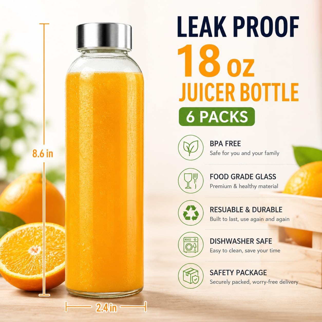 Zukro Glass Juice Bottles with Lids 18 oz, Leak Proof Reusable Clear Glass Bottle with Stainless Steel Airtight Cap for Juicing, Water, Smoothie, Homemade Beverage, Fridge Safe, BPA Free, Set of 6 - Image 2