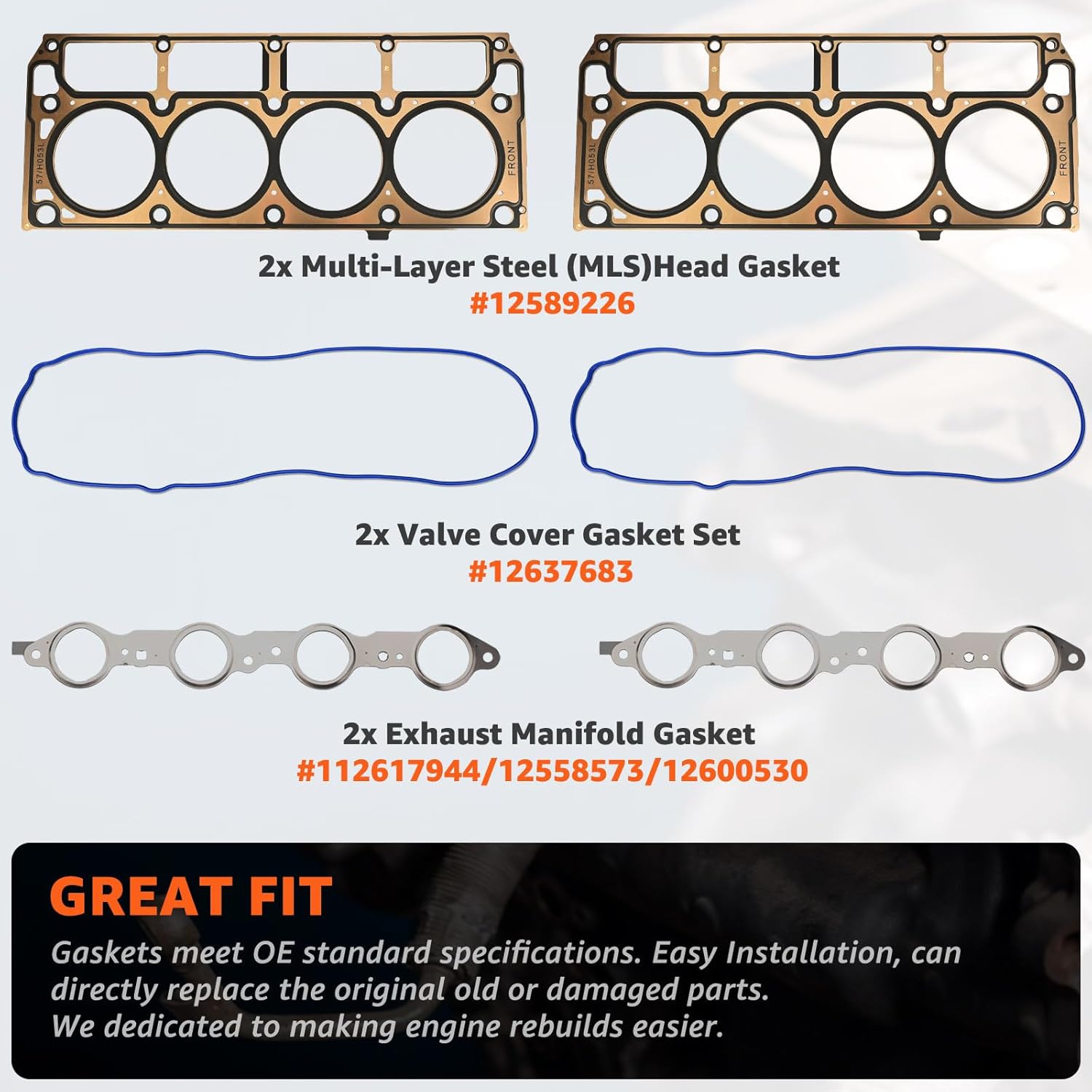 LS 5.3 Gasket Set & MLS Head Gaskets Fits 4.8L 5.3L 5.7L LS1 LS6 LM7 L59 LR4 Gen 3 V8 Engines Compatible with Chevy GMC Cadillac Buick Models Replace# 12589226 12558178 12612350 - Image 4