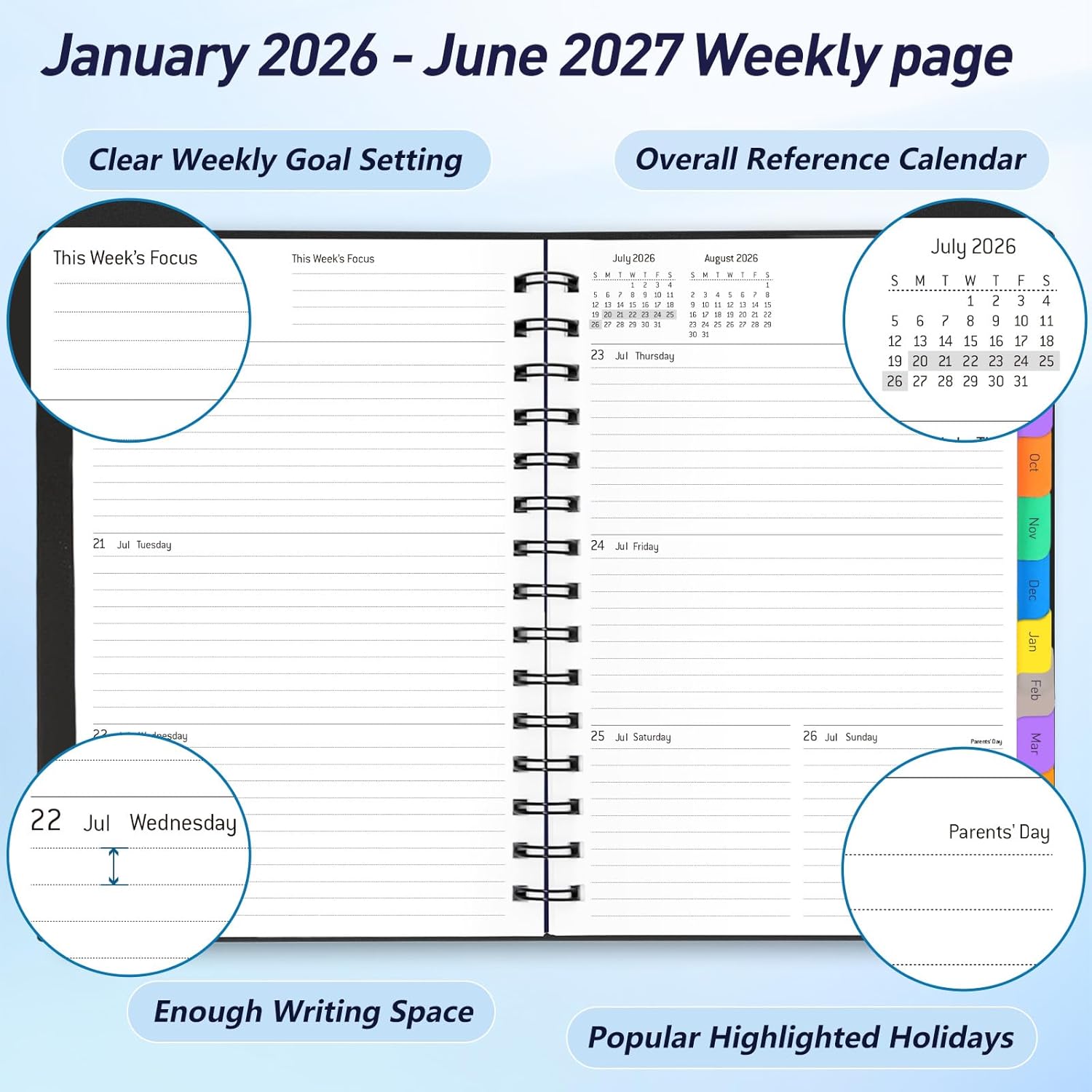 Daily Planner 2026-2027, 18-Month Weekly and Monthly Calendar Planner, January 2026 - June 2027, Planning Agenda Book with Laminated Tabs, Flexible Cover, 100GSM Thick Paper, A5 Size,Black - Image 3
