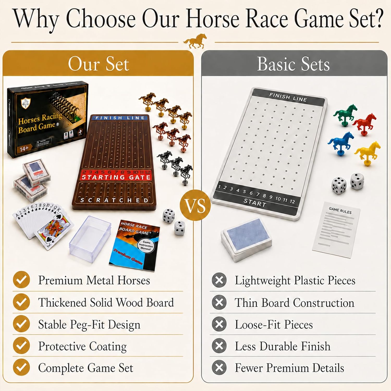 Jyquorp Horse Race Board Game Wooden Kentucky Derby Party Game Set with 11 Metal Horses, 2 Dice & 2 Card Decks, Large Solid Wood Horse Racing Board Game for Family & Adults (15.6" x 10") - Image 6