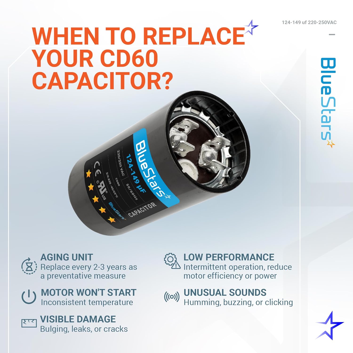 124-149 uf/MFD 220-250VAC Round Run Start Capacitor Replacement Part by BlueStars - Exact Fit for AC Motor Run or Fan Start and Cool or Heat Pump Air Conditioner - Image 11