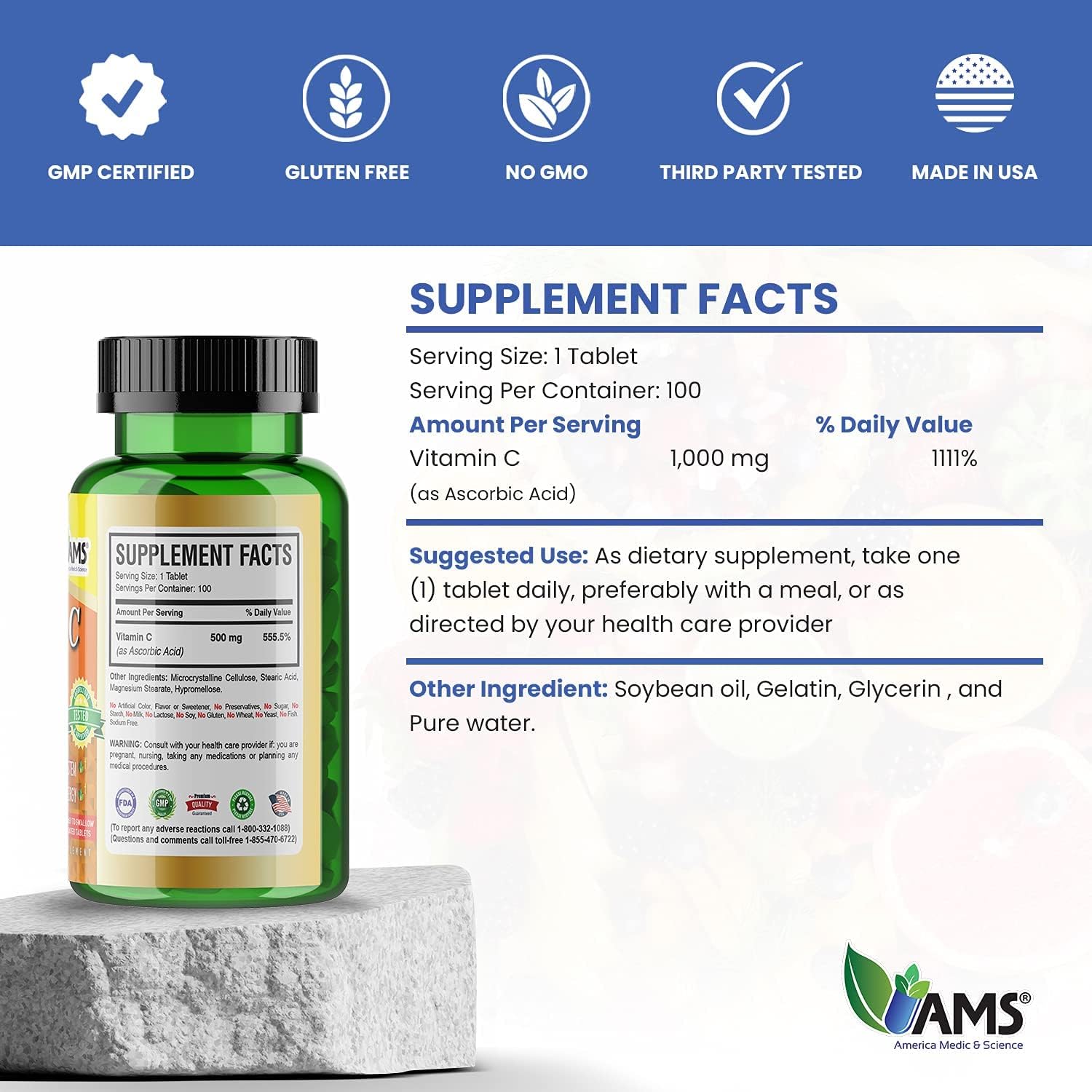 America Medic & Science Rapid-C 500mg Vitamin C Supplement 500 Tablets (5 Pack of 100 Tablets) Daily Immune System Support, Antioxidant | Vegan, Non-GMO Coated Ascorbic Acid for Adult Men & Women - Image 5