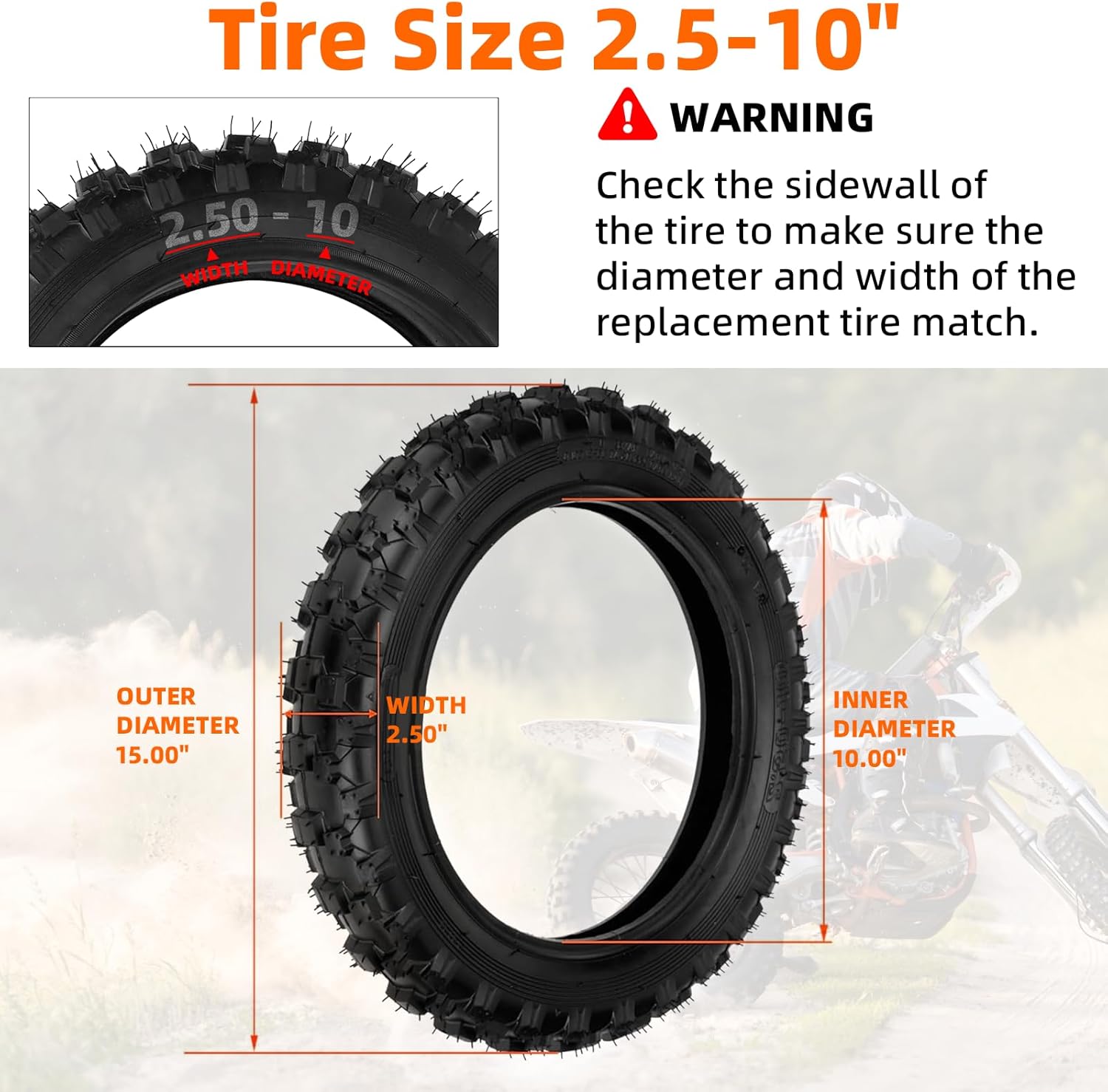 (2 Set) 2.5-10" Off-Road Tire and Inner Tube Set - Dirt Bike Tire with 10-Inch Rim and 2.5/2.75-10 Dirt Bike Inner Tube Heavy Duty Compatible with Honda CRF50/XR50, Suzuki DRZ70/JR50 and Yamaha PW50 - Image 2