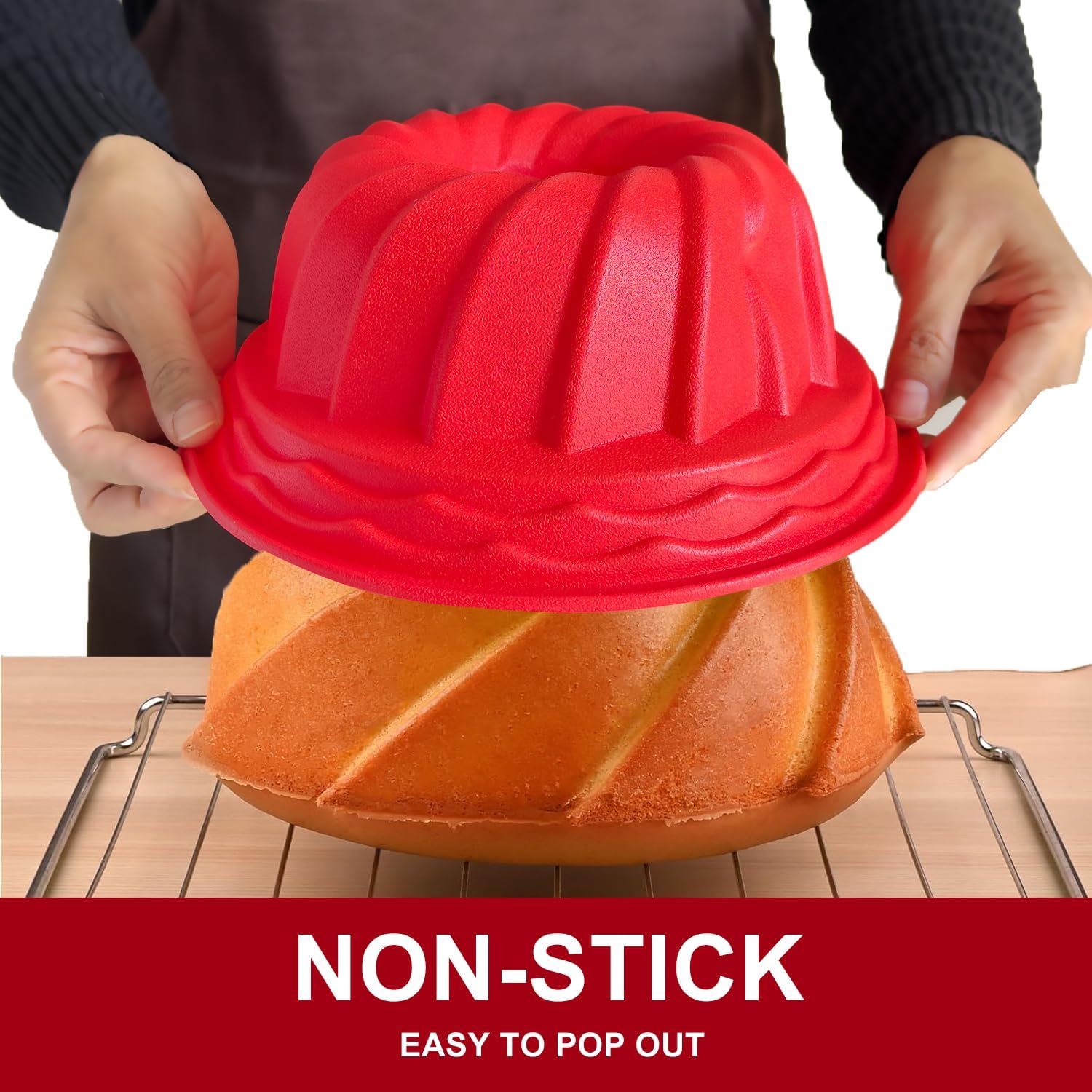 SOV 9.5 inch Silicone cake Pans, Non-stick bundt cake molds, Silicone Bakeware Baking Molds, Perfect for making Cake, Bread, Jello, Gelatin (1, Red) - Image 6