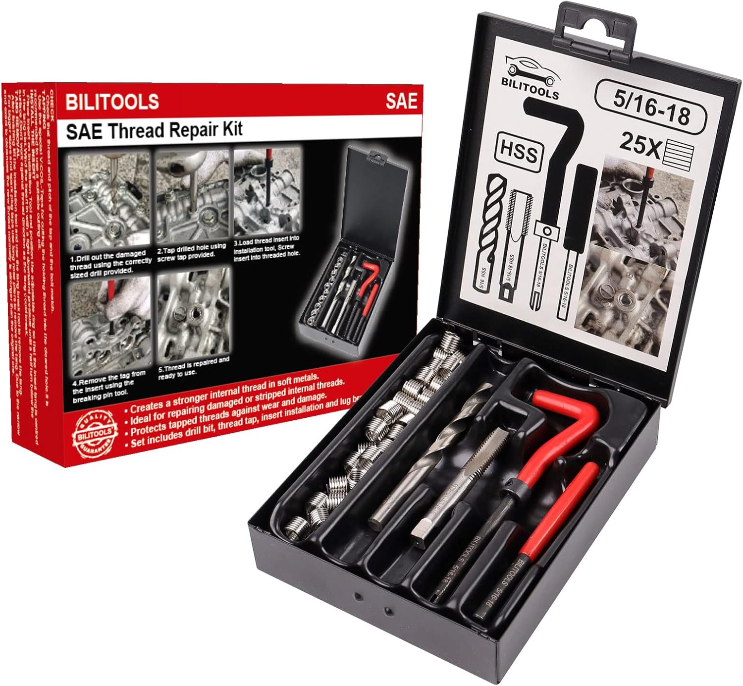 BILITOOLS 5/16-18 inch Thread Repair Kit, HSS Drill Helicoil Repair Kit SAE