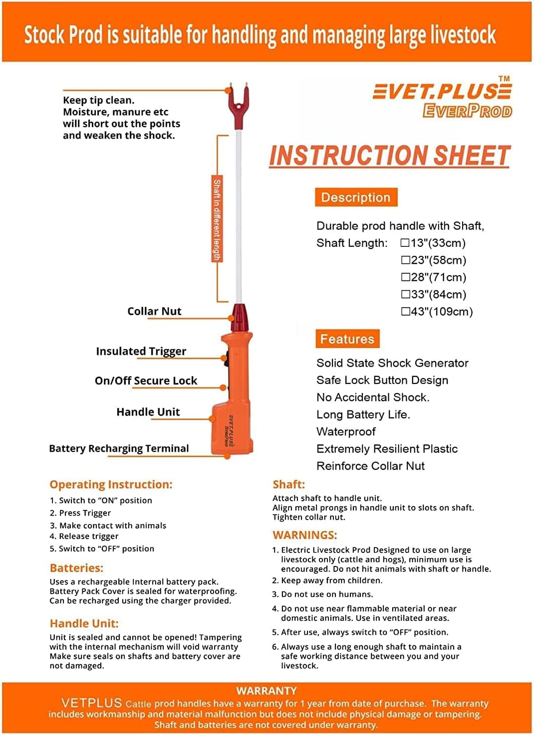 Rechargeable Waterproof Cattle Prod for Cows Hogs Sheep Large Dogs Electric Livestock Prod with 23" Length Flexible Shaft, Total Length 33.5 inch - Image 5