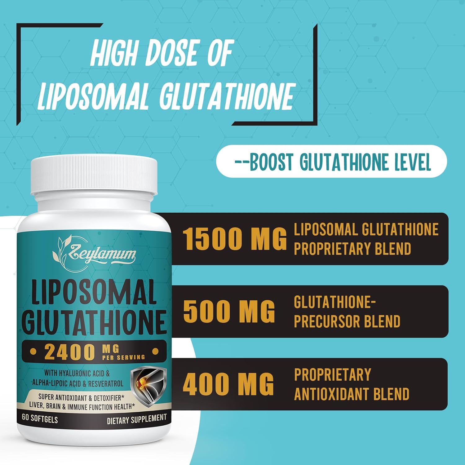 Zeylamum 2400 MG Liposomal Glutathione Softgels, Max Absorption, Active Form L-Glutathione Reduced (GSH), with Hyaluronic Acid, Resveratrol, Master Antioxidants for Brain, Immune System, 60 Softgels - Image 3