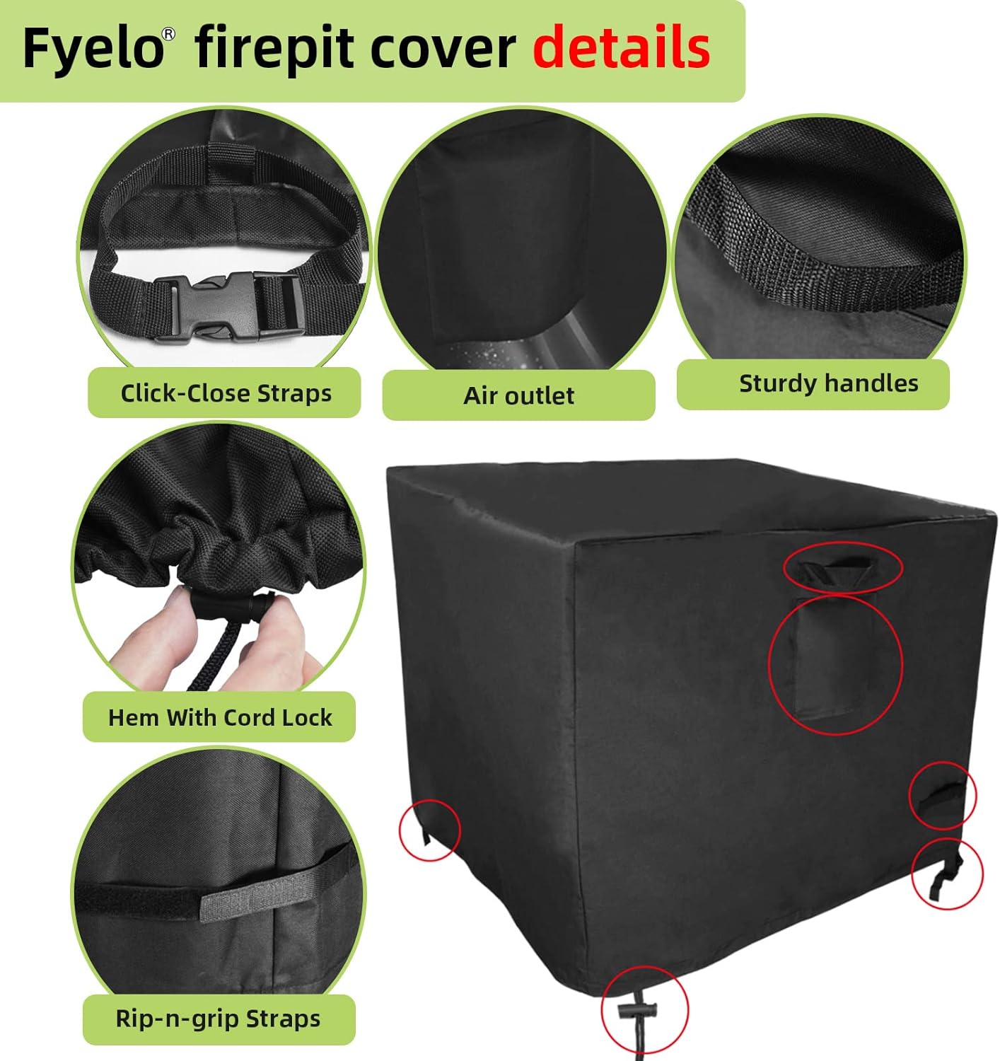 32 Inch Gas Fire Pit Cover for 28-32 Inch Square Fire Pit Tables, Heavy Duty 600D Waterproof & Windproof 32 x 32 x 24 Inches Patio Firepit Cover, Black - Image 3