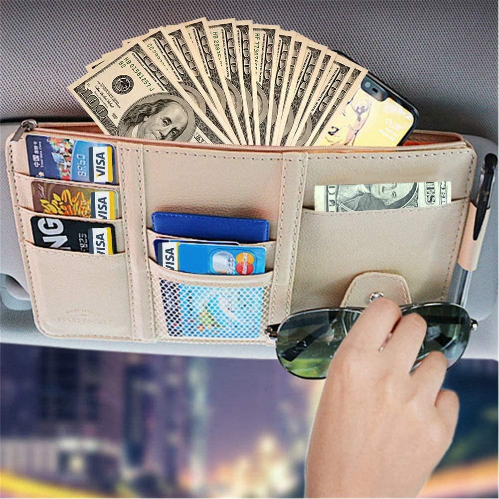 Car Sun Visor Organizer, Auto Car Interior Leather Accessories Storage Pocket Sun Visor Pouch Case Bag for Card License Registration Pen Mobile Phone Bill Note Key Document (Beige) - Image 7
