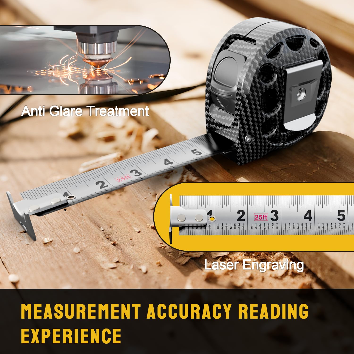 STEELITE Tape Measure 25'FT Stainless Steel Waterproof & Rustproof Retractable Measuring Tape with Hollow Design Carbon Fiber - Image 2