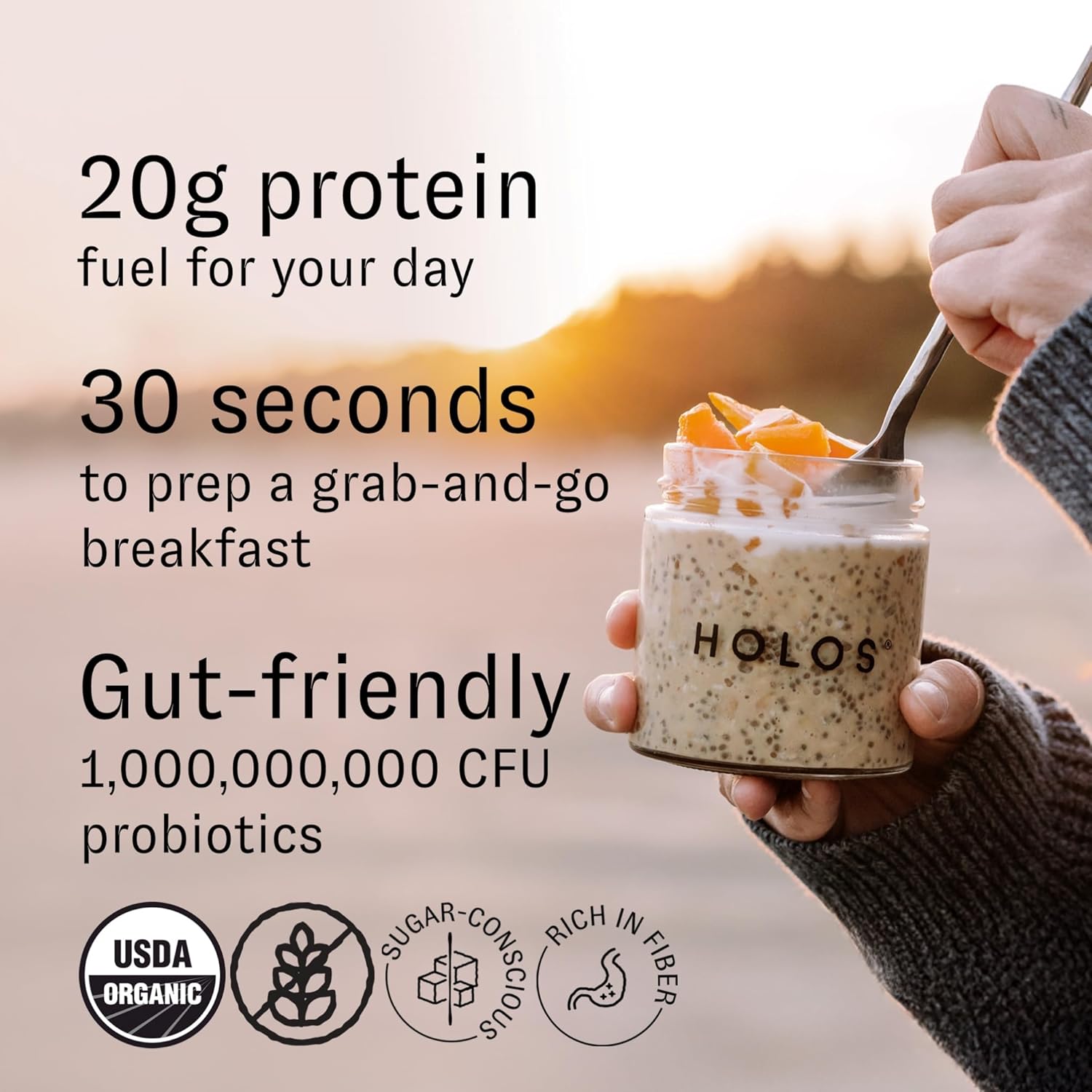 HOLOS Protein Overnight Oats - 12 Pack Variety Flavors with Jar - 20g Plant Proteins, Organic Gluten Free Cereal with High Fiber, Probiotics, Vitamins, Minerals - Image 3