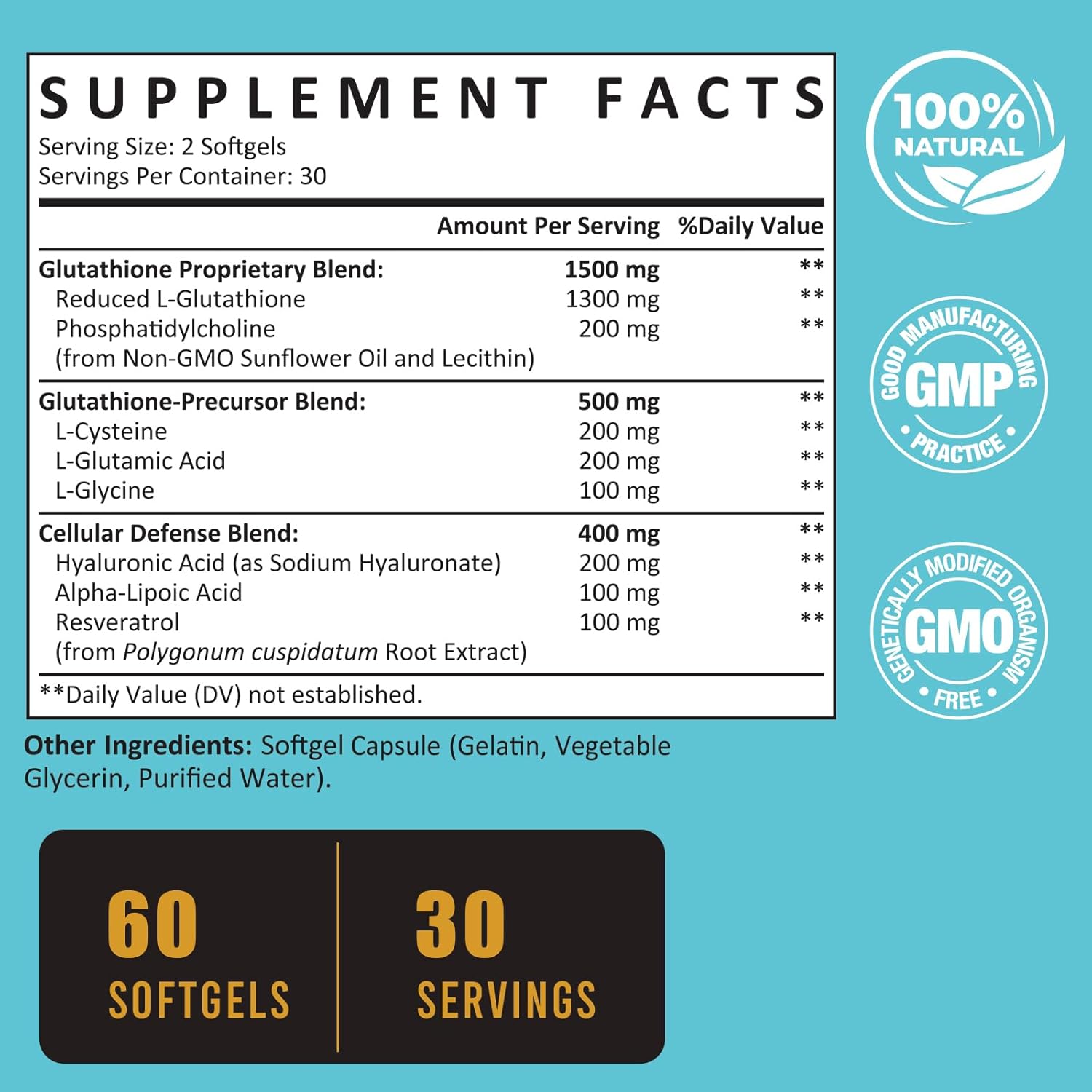 Zeylamum 2400 MG Liposomal Glutathione Softgels, Max Absorption, Active Form L-Glutathione Reduced (GSH), with Hyaluronic Acid, Resveratrol, Master Antioxidants for Brain, Immune System, 60 Softgels - Image 2