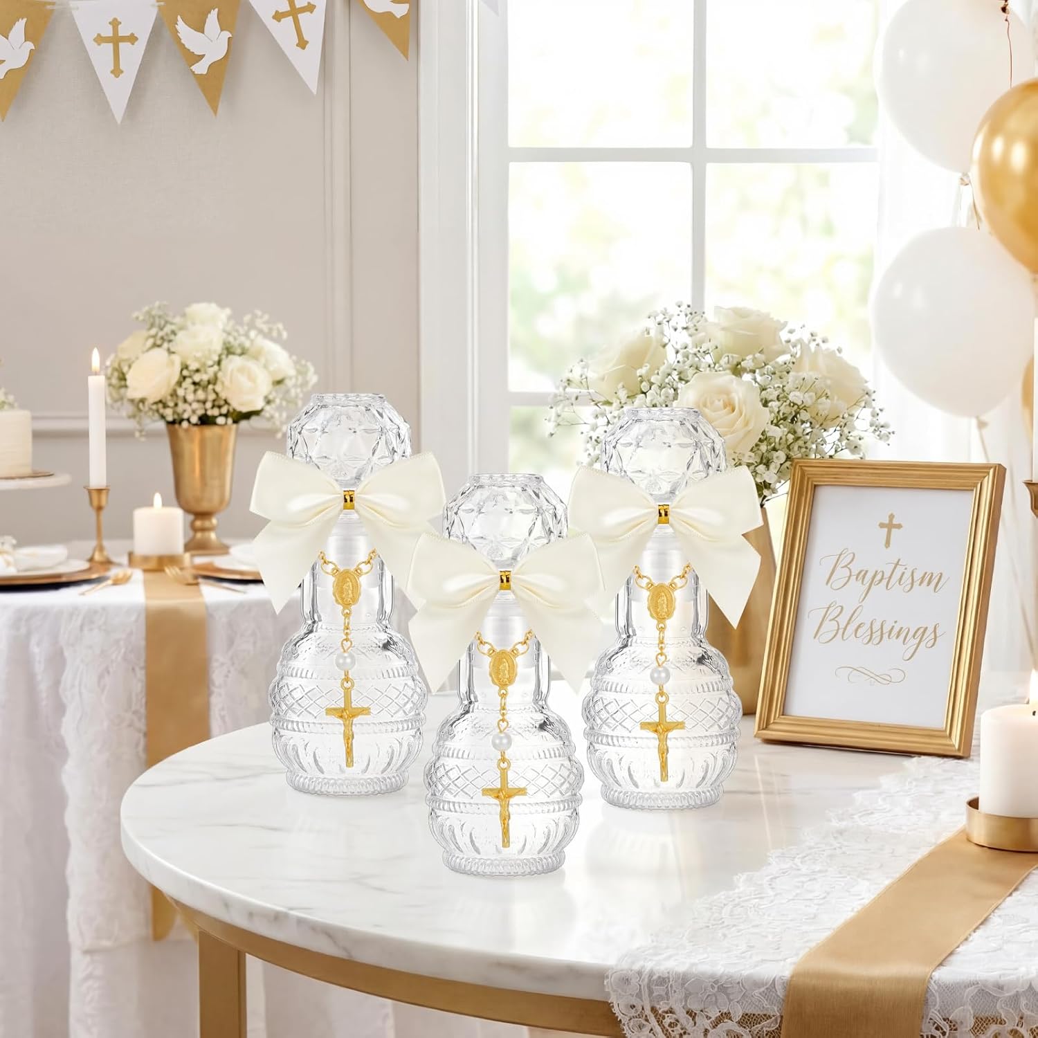 Chuangdi 12 Sets Holy Water Bottles Baptism Favors for Guest Holy Water Container with Cross Rosary Organza Bag Bow 50ml Glass Empty Container for Communion Christian Wedding (Dreamy,White) - Image 5