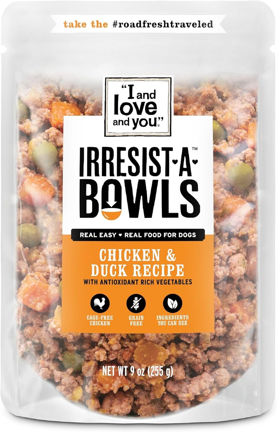 I AND LOVE AND YOU Irresist-a-Bowls Freeze Dried Dog Food - Chicken + Duck- Prebiotics, Grain Free, Filler Free, Meal Enchancer, 9oz Pouch, 4pk