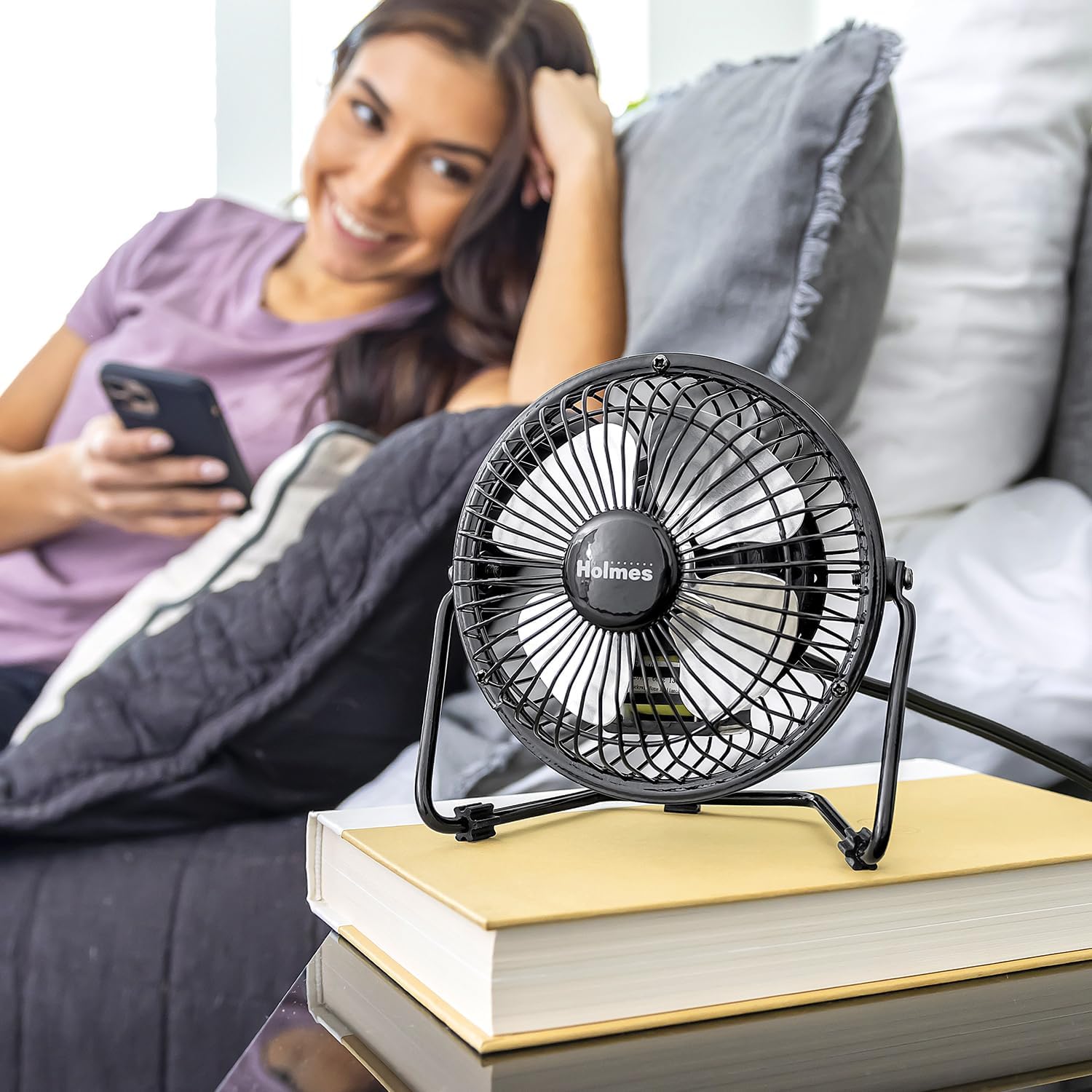 HOLMES 4" Mini High-Velocity Personal Desk Fan, 4 Blades, Adjustable 360° Head Tilt, Durable Metal Construction, Single Speed, Ideal for Home, Dorm Rooms, Bedrooms, or Offices, Black - Image 7