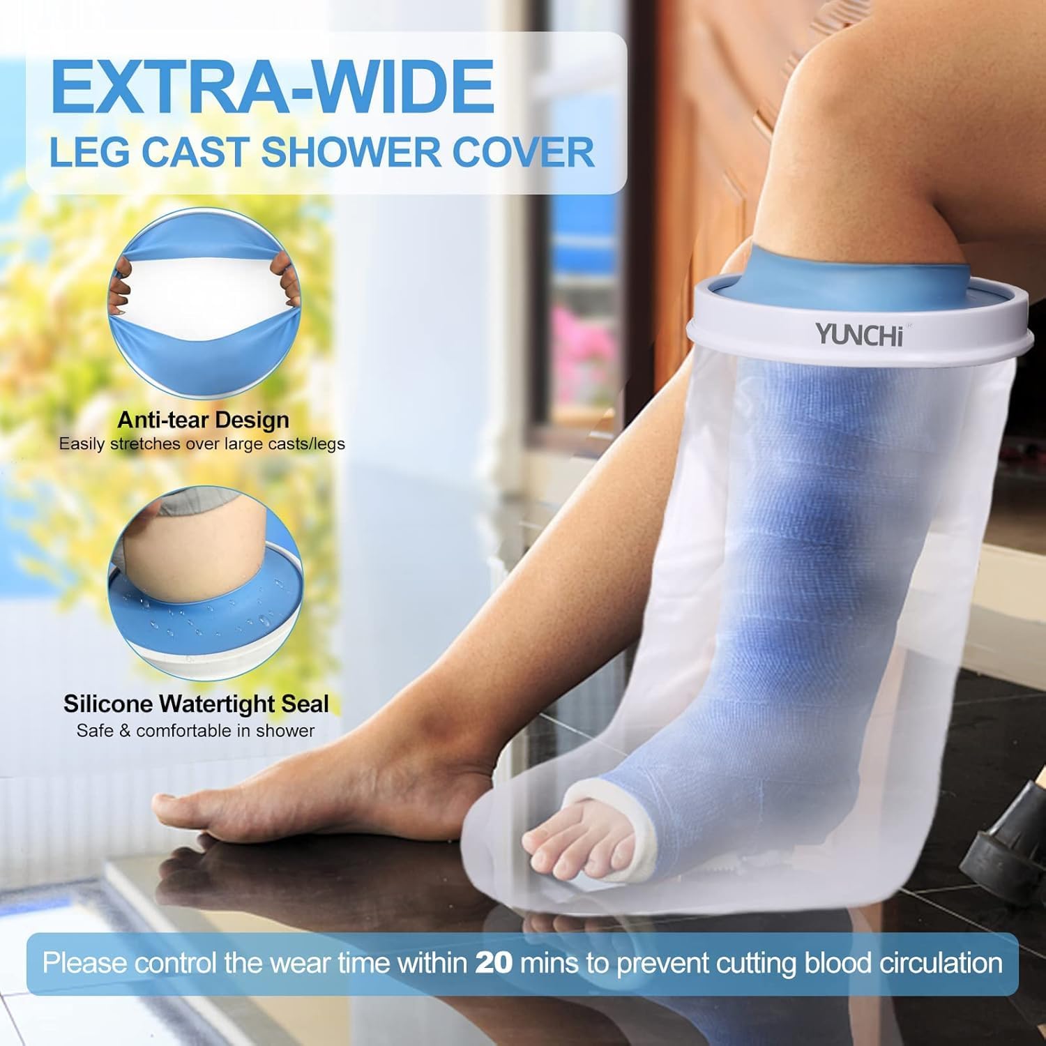 YUNCHI Waterproof Cast Cover for Shower, Extra Wide Leg & Foot Protector for Adults, XL Size, Fits Calf 13 to 28 Inches - Image 6