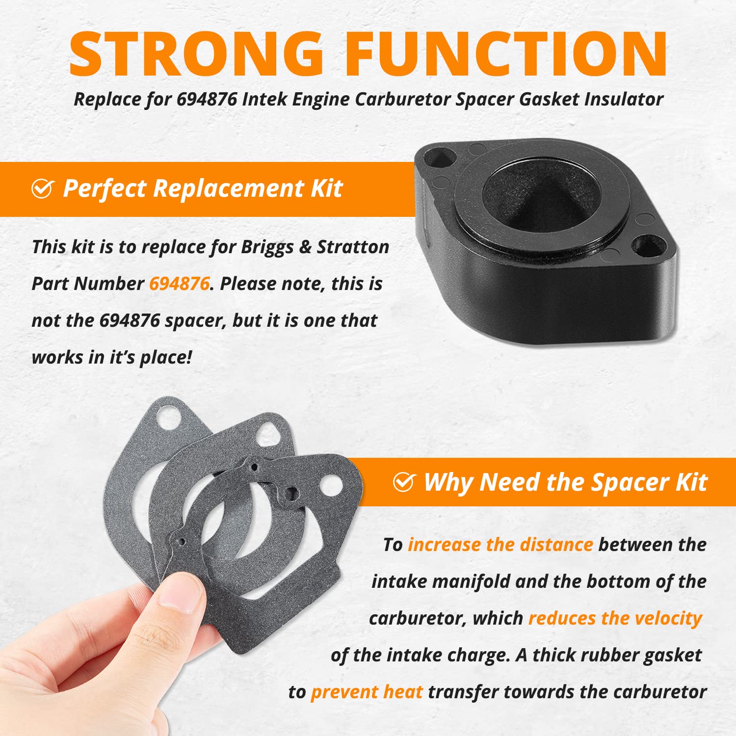 Replace for 694876 Intek Engine Carburetor Spacer Gasket Insulator Compatible with Briggs & Stratton, for Models 201312, 201317, 201332, 201337, 201352, 201412, 201415, 201416, 201417, 201432, 201437 - Image 3