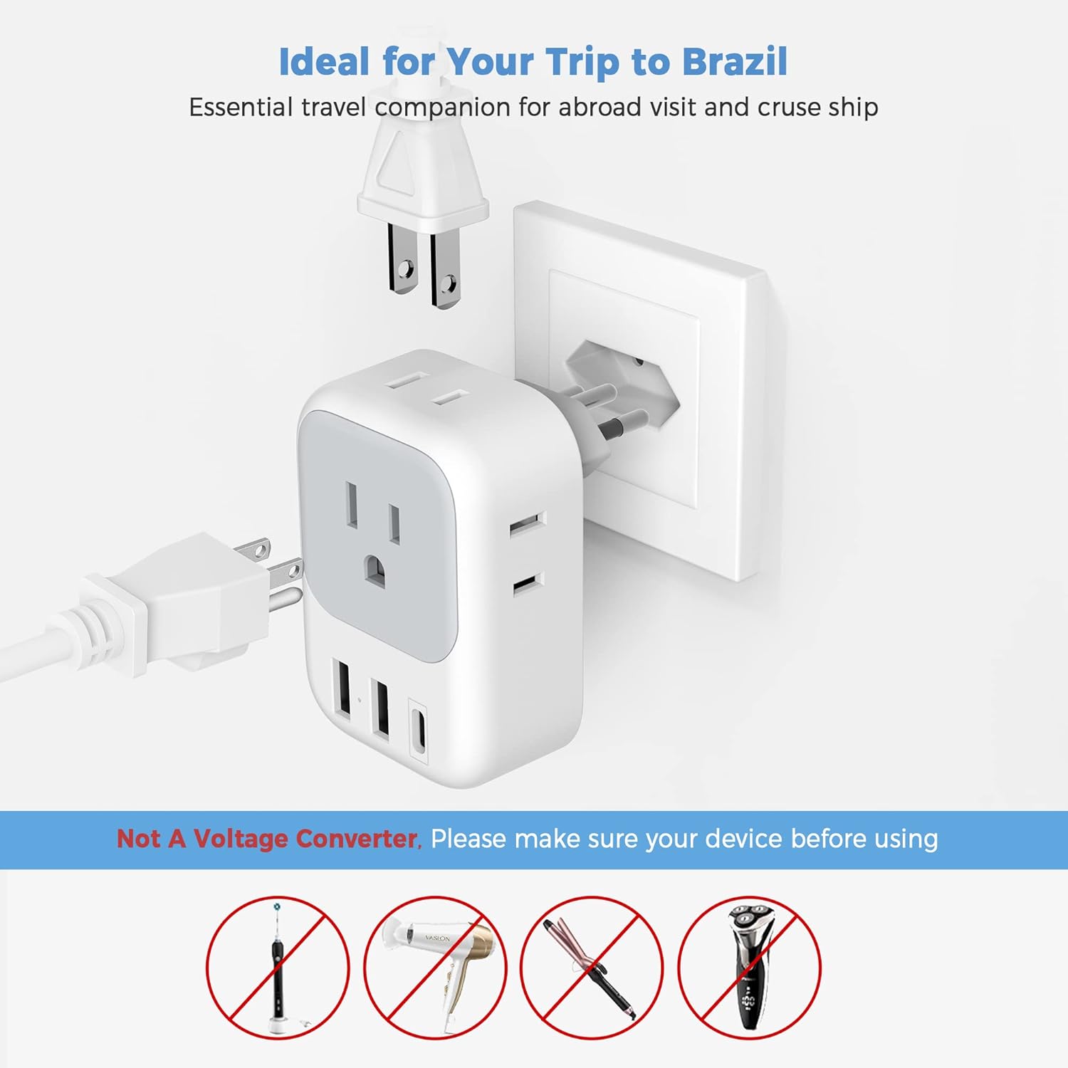 TESSAN Brazil Power Adapter, US to Brazil Travel Plug with 4 American Outlets 3 USB Charger (1 USB C Port), Type N Adaptor for USA to Brazilian Brasil - Image 6