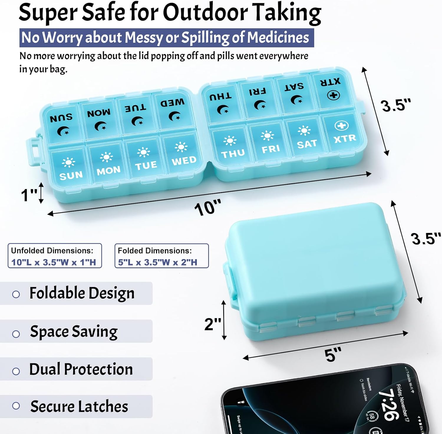 Foldable Weekly Pill Organizer 2 Times a Day with 2 Extra Compartments (Clear Printed Labels) - Portable 7 Day AM PM Medicine Box, Week Daily Travel Pill Case Holder for Vitamin, Supplement - Sky Blue - Image 2