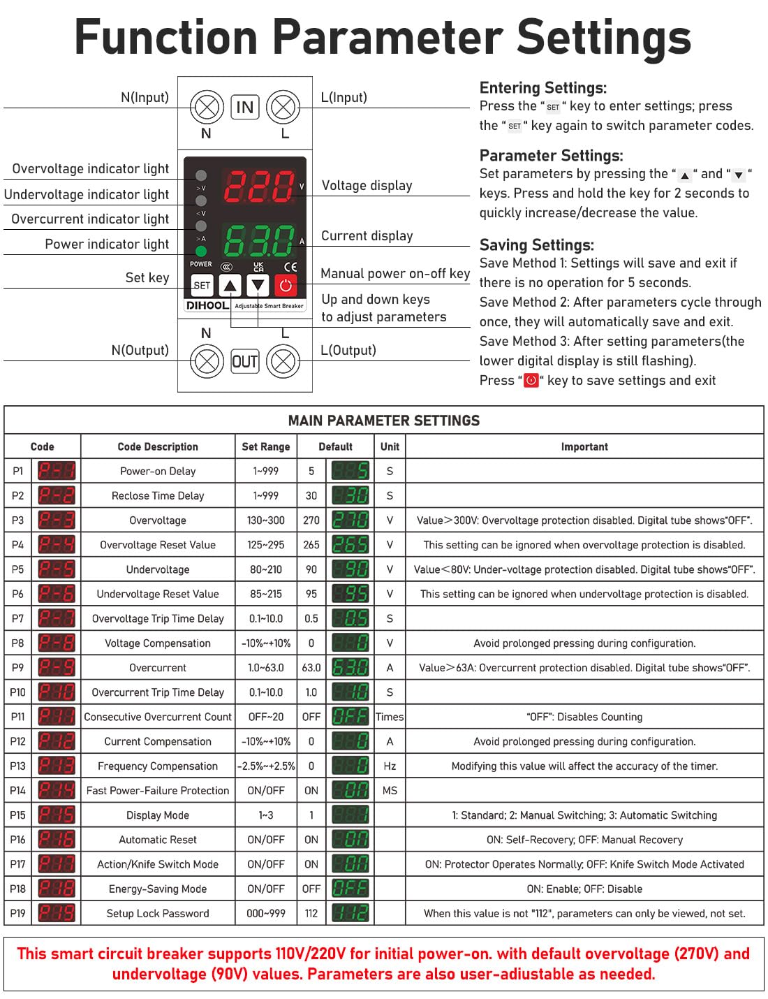 DIHOOL Smart Circuit Breaker with Adjustable Voltage Protection, 70-200V Low and 140-300V High Cutoff, 1-63A Overcurrent Protector, AC Disconnect Switch, DIN Rail Mount - Image 9