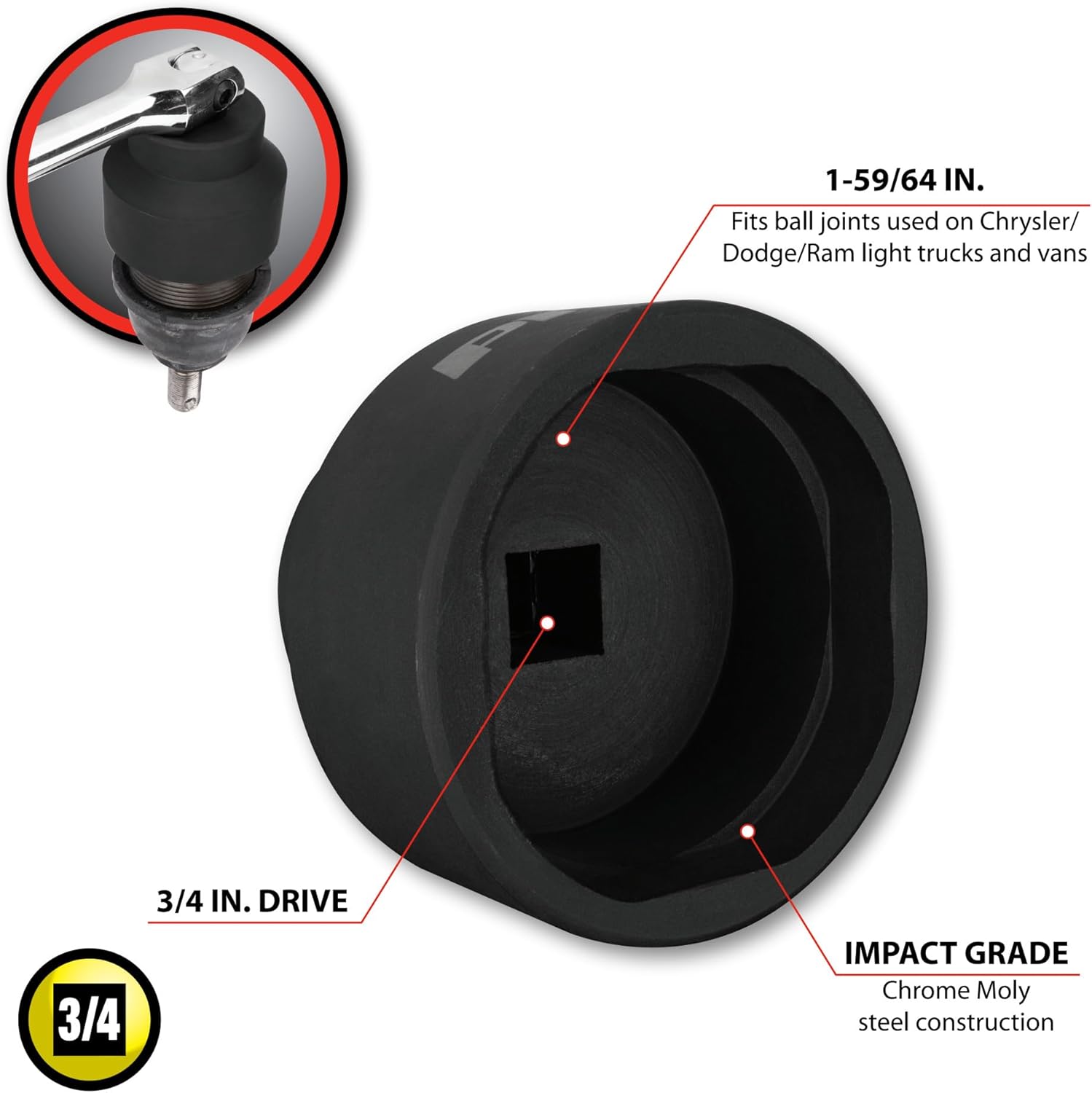 Performance Tool W83003 1-59/64" Ball Joint Socket - Precision Tool for Chrysler/Dodge/Ram Vehicles - Image 2