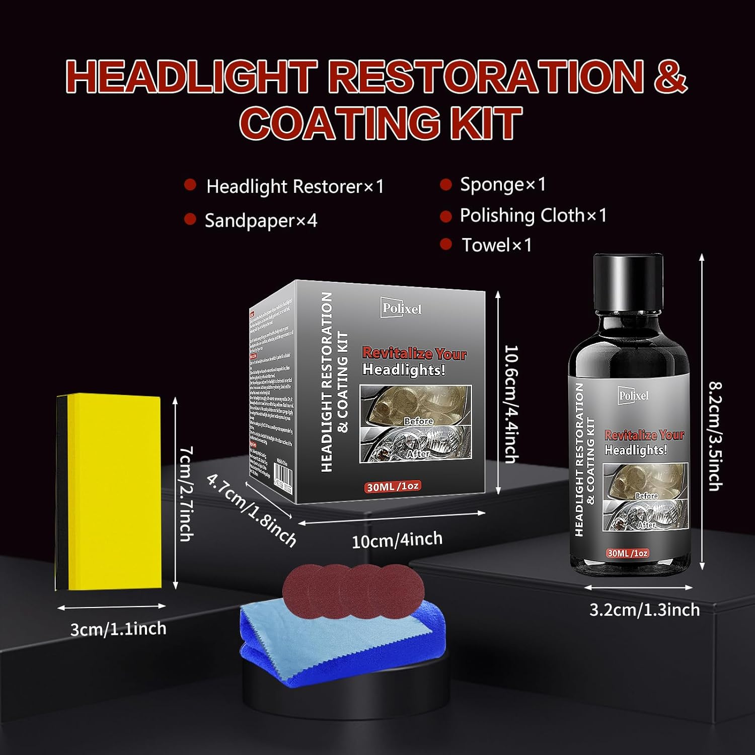 Car Headlight Restoration Kit, Instant Headlamp Restorer with Clarity Coating Fluid, Sandpaper Oxidation Removal Cleaner to Fix Cloudy, Yellowing, Scratches & Stains -1oz/30ml - Image 6
