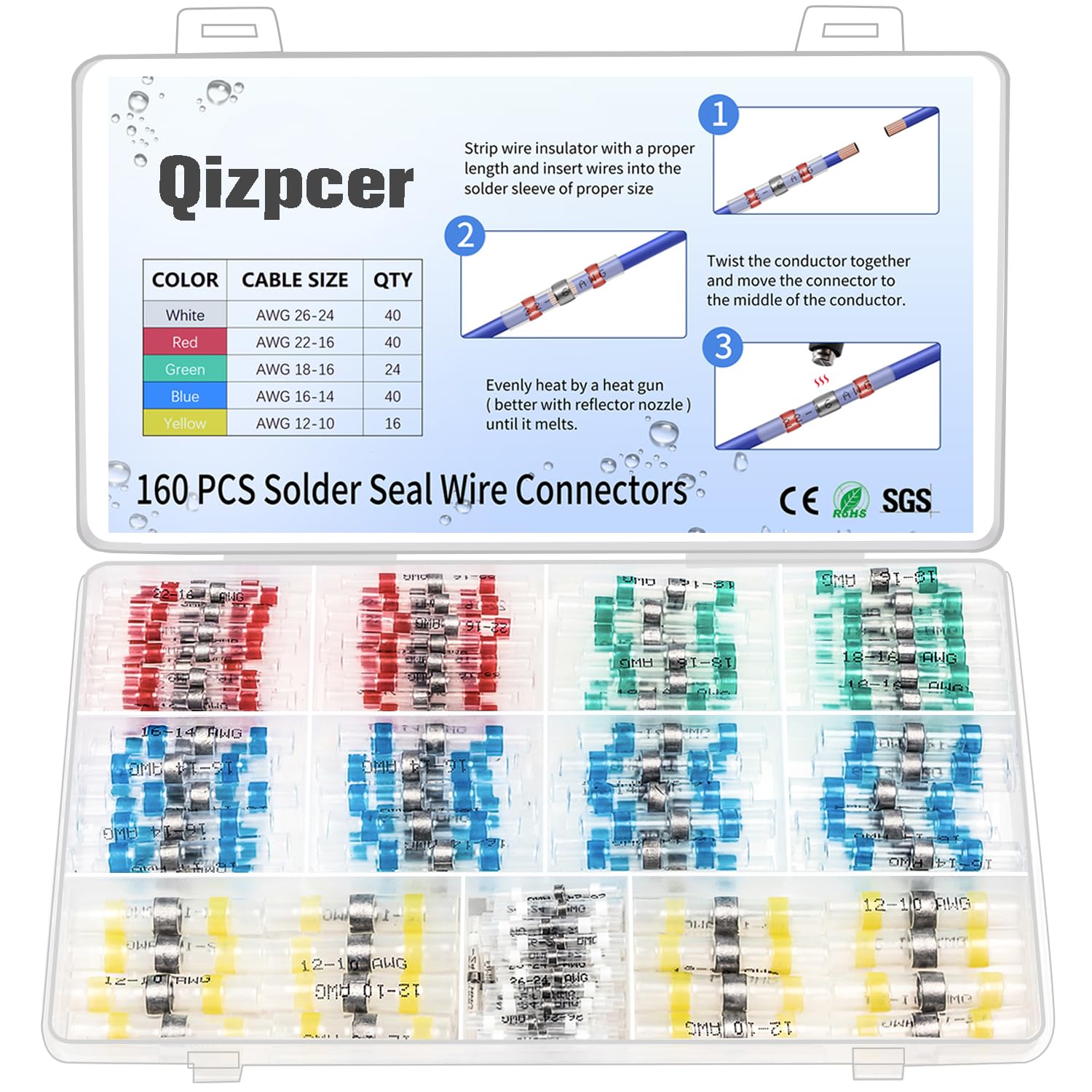 160 Pcs Solder Seal Wire Connectors Kit, Electrical Connectors Heat Shrink Wire Connectors Waterproof Electrical Cable Butt Terminals for Marine Automotive Trailer RV Boat Truck Wiring