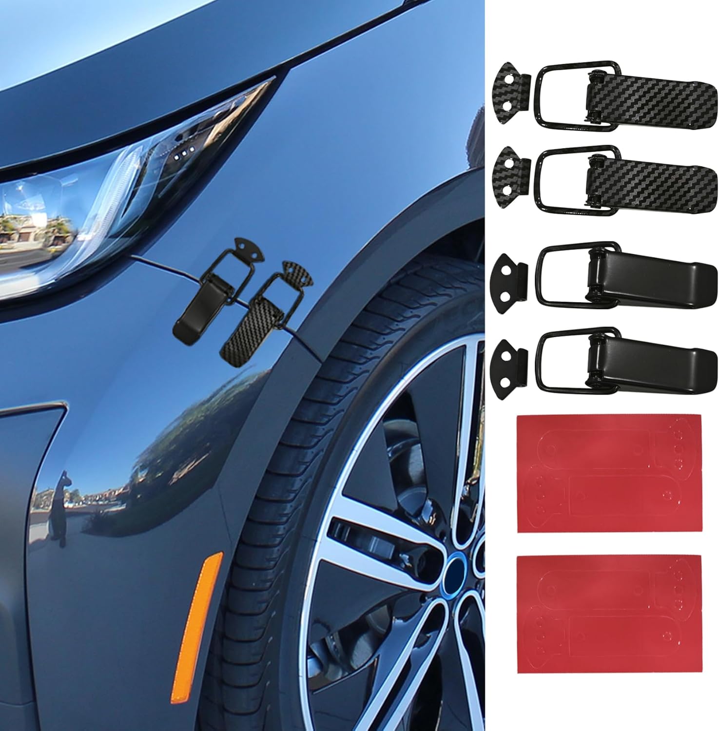 4PCS Car Bumper Clip Hasp, Bumper Holder Clips, Durable Carbon Fiber Auto Bumper Security Hook Lock Clips, Car Front Rear Bumper Fastener Kit Fit for Car Trunk (Black+Carbon Fiber, Large)