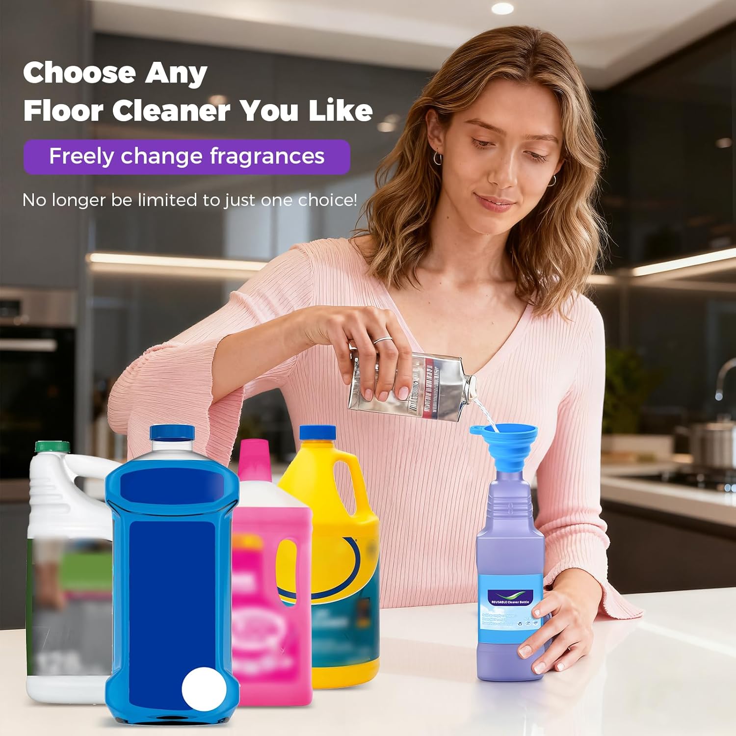Refillable Replacement Bottle for Swiffer® Wet Jet™ Mop, 1250ml /42 oz, Empty, Leak-Proof HDPE Cleaner Solution Refill Bottle with 7 Silicone Gaskets & 1 Foldable Funnel - Image 3